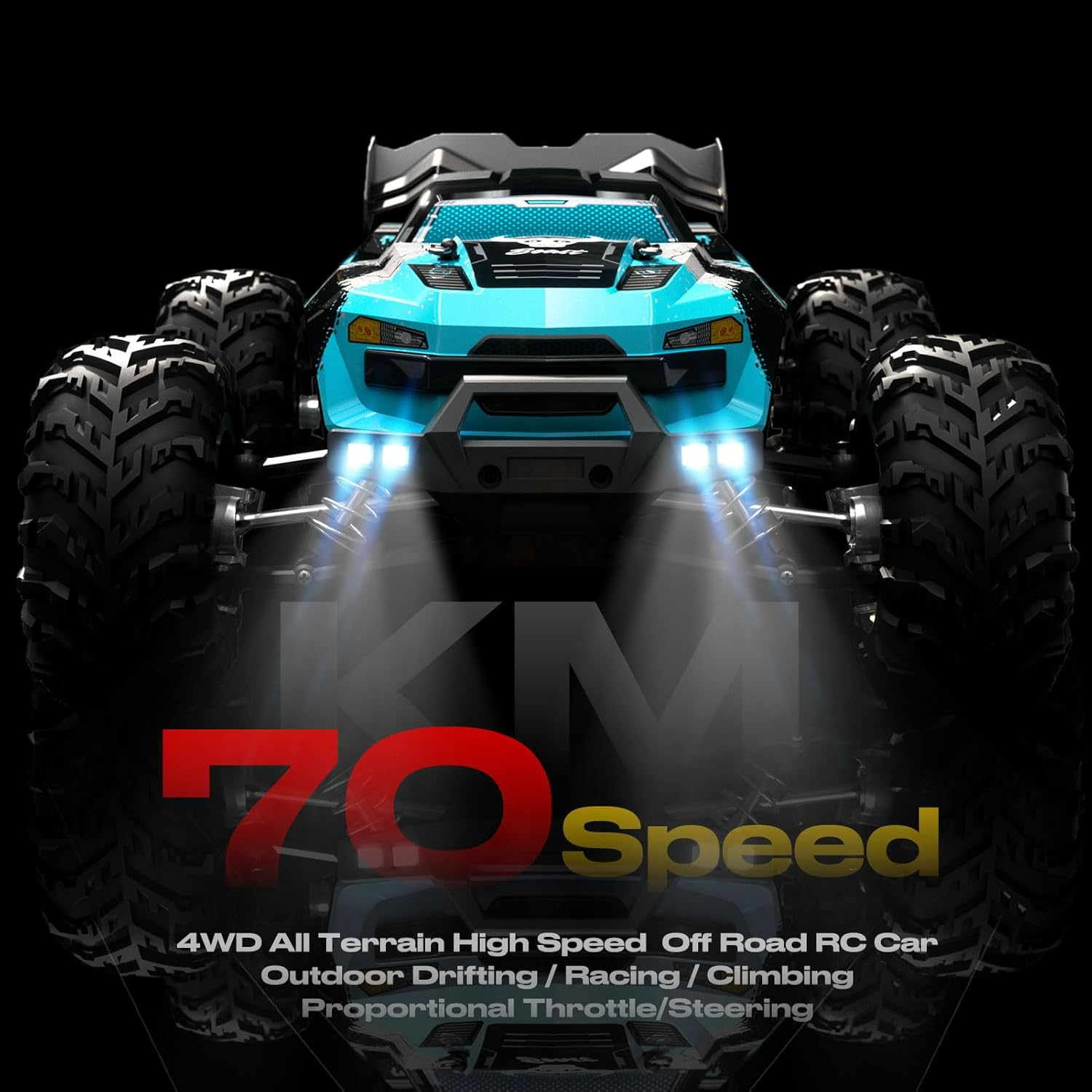 1:16 Scale 4WD Remote Control Car, 70Km/H High Speed Monster Truck, 2.4G Full Proportional Control, All Terrain Off-Road RC Vehicle for Kids Adults, Carbon Brush Motor, 1 Rechargeable 1300Mah Battery