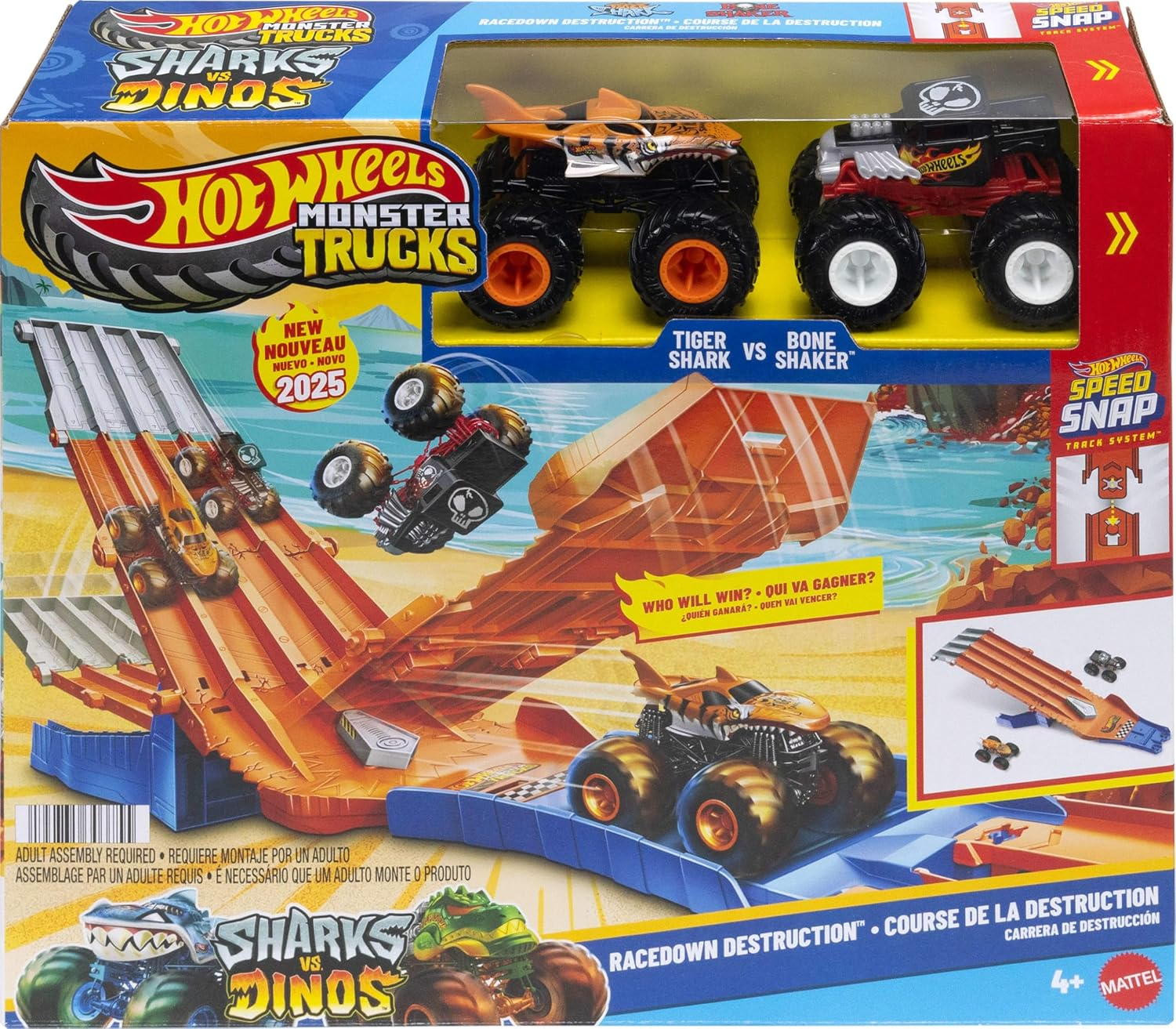Hot Wheels Toy Monster Trucks Track Set with 1:64 Scale Mega-Wrex & Tiger Shark, Competitive Racing, Sharks Vs. Dinos Racedown Destruction Playset image number 3