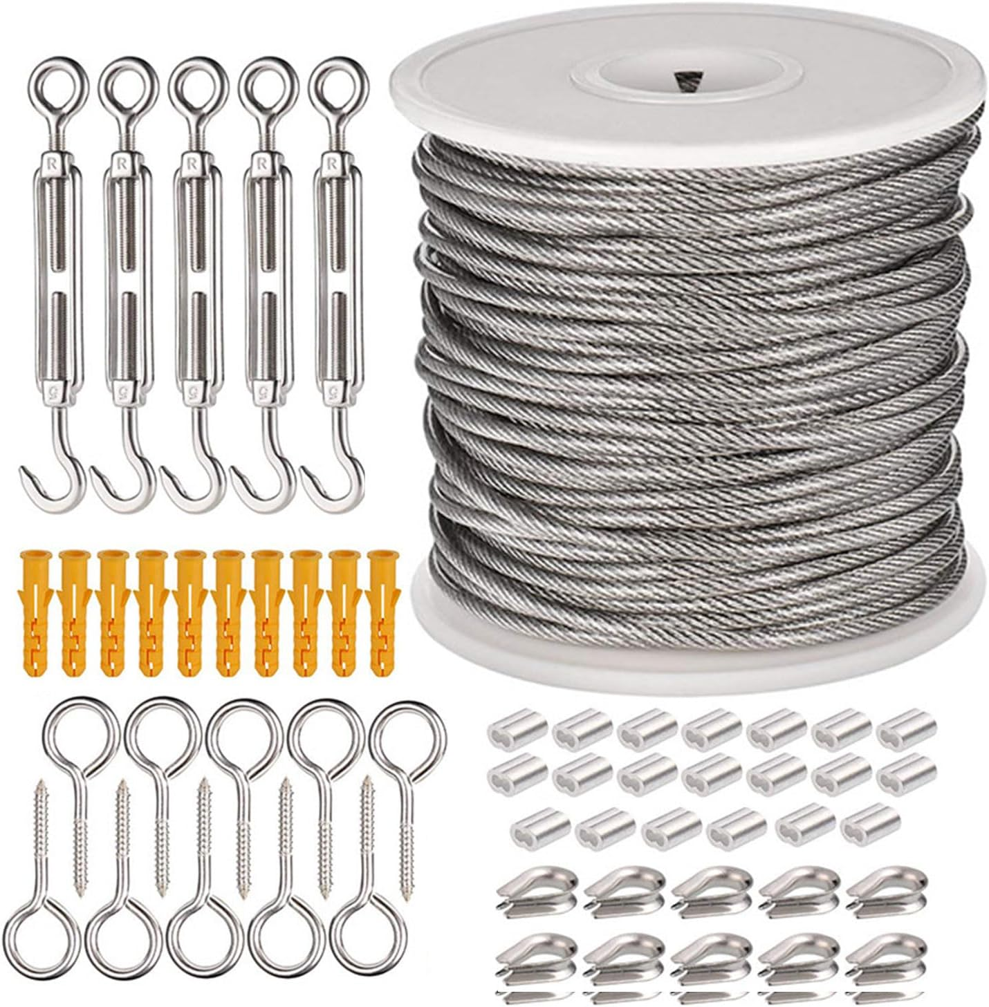 30M Wire Rope Kit, Stainless Steel Wire Rope 304, M5 Screw Clip Kit. Marine Grade Cable Railing Kit, Aircraft Wire Rope and Picture Suspension Kits. for Gardens, Kitchens, Railings, Decks, Crafts image number 1