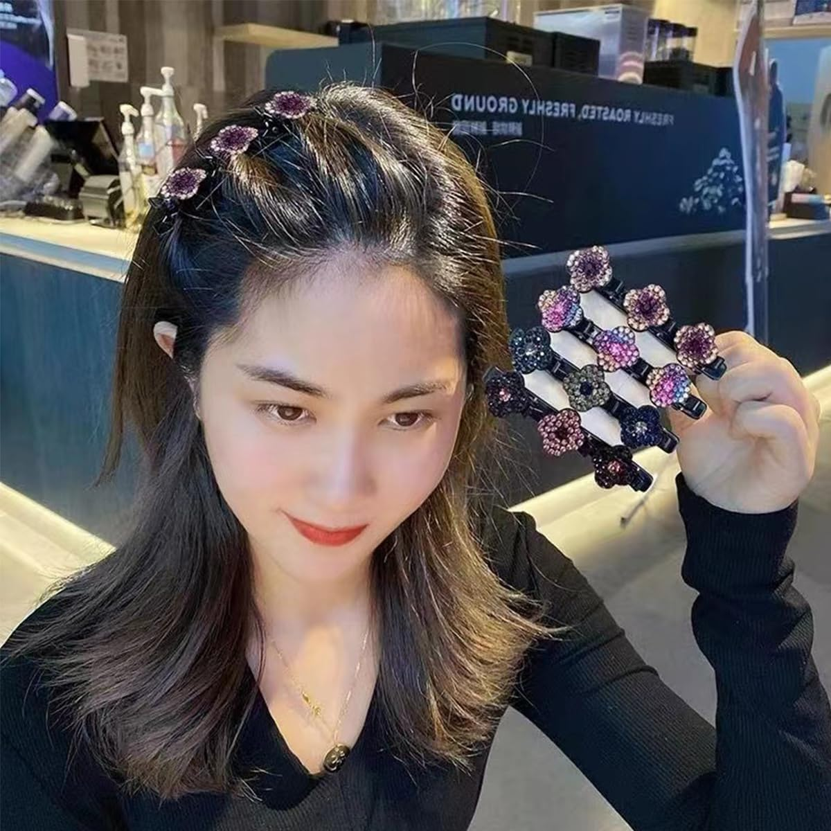 Pack of 4 Glittering Crystal Stone Braided Hair Clips, Hair Clips with Three Flowers, Fringe Clips, Hummingbird Hair Clip with Crystal Flower, Elegant Hair Styling Clips, Shiny Rhinestone Hair Clip image number 3