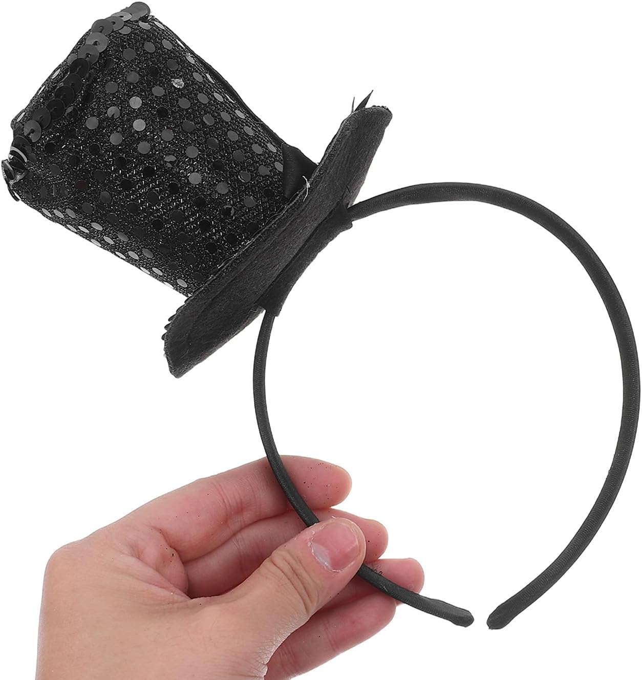 UKCOCO Sequin Headband with Bow Mini Cylinder Style Black Glitter Hair Band for Women Ideal for Tea Party, Halloween, Cosplay, 20S Party and Photo Accessory