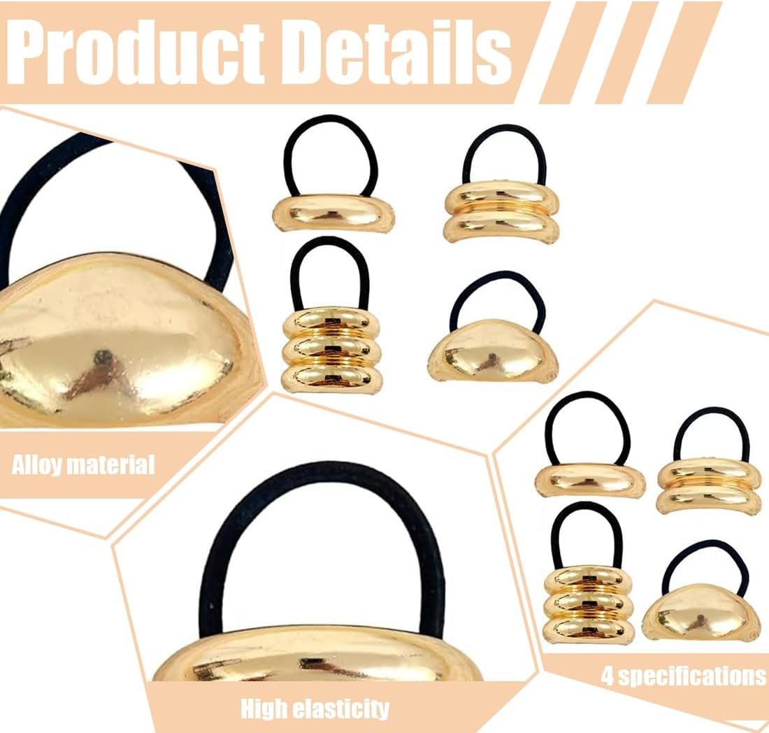 Pack of 4 Metal Hair Bobbles for Ponytails, Hair Cuffs for Ponytail, Metal Hair Cuff, Hair Scrunchie, Gold image number 5