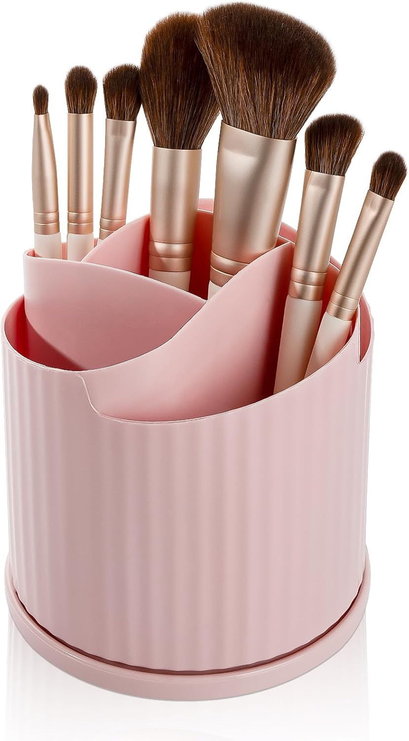 Anyoifax 360 Rotating Makeup Brush Holder Organizer 5 Slots Make up Brushes Cup Flower-Shaped Spinning Pen Holder for Vanity, Cosmetics, Lipsticks, Pink