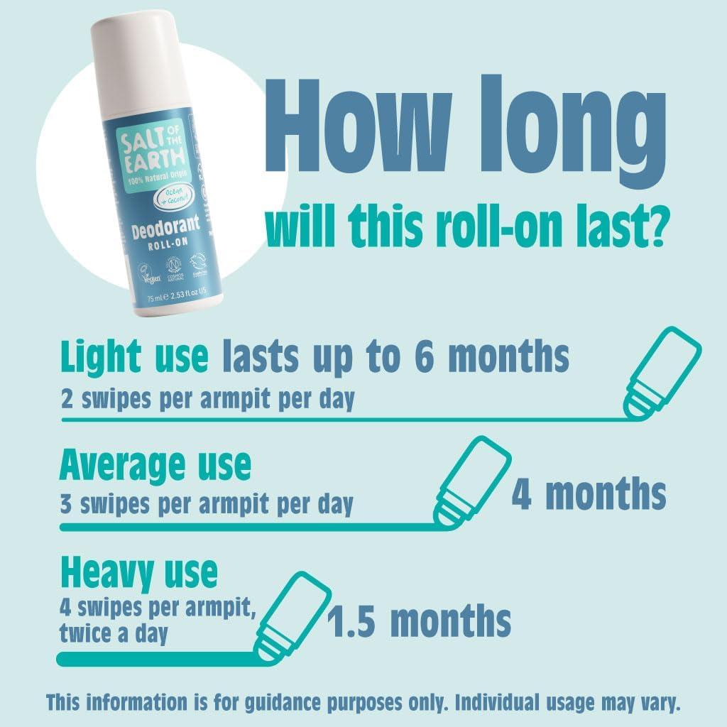 Salt of the Earth Natural Roll-On Deodorant, Odourless, Fragrance-Free, Vegan, Long-Lasting Protection, No Animal Testing image number 1