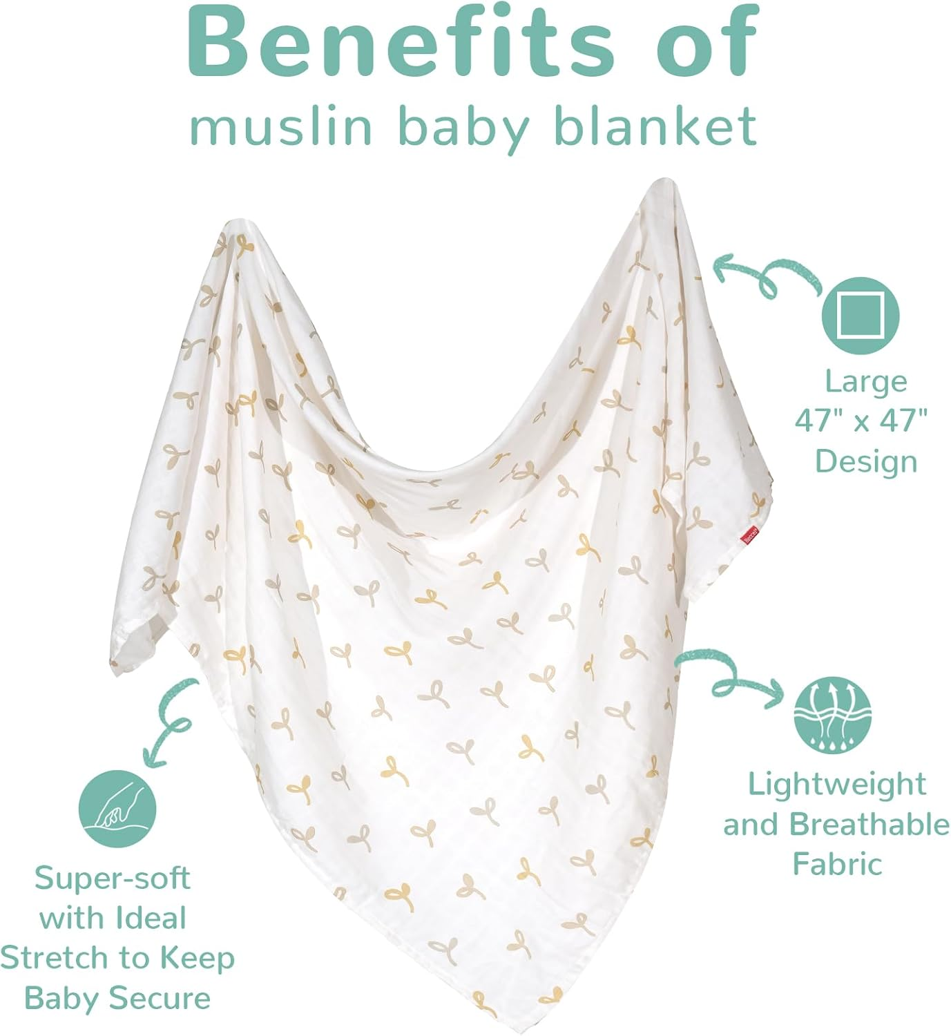 HECCEI Baby Swaddle Blankets, 70% Bamboo 30% Cotton Muslin Swaddle Blanket, Large Breathable Receiving Blankets for Newborn, Boy and Girl Swaddles, Registry & Gift, 47 X 47 Inches (Sprouts) - Aqua Dreams image number 4