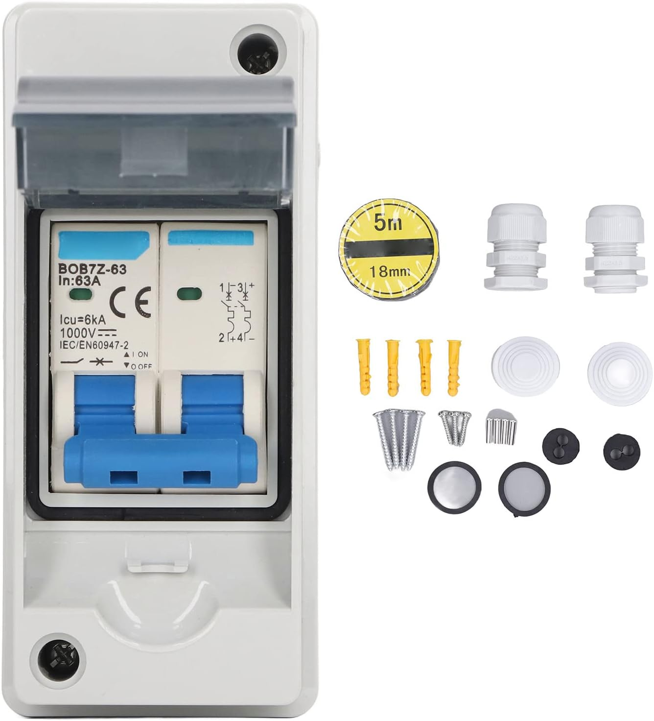 DC Miniature Circuit Breaker, 2 Pole 1000V 63Amp Isolator PV Solar Disconnect Switch with IP65 Waterproof Cover Overvoltage Circuit Isolator for Solar Panels Grid System image number 6