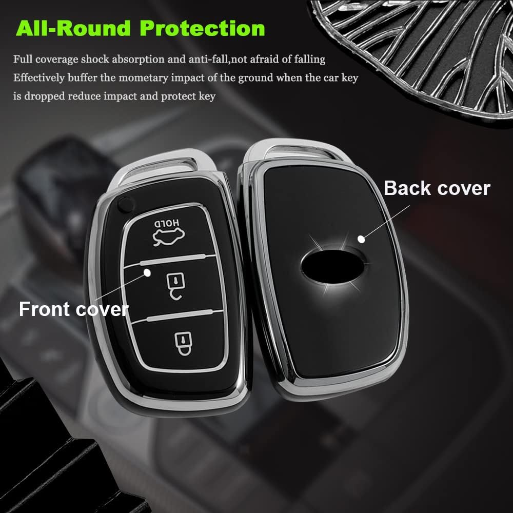 HIBEYO Key Fob Cover for Hyundai Tucson Sonata Fe Creta Mistra Elantra Ioniq Venue IX35 I10 I20 I30 I40 Solaris Kona Accent 2018-2022 Car Accessories TPU Silver-Edge with Leather Keychains-Whtie