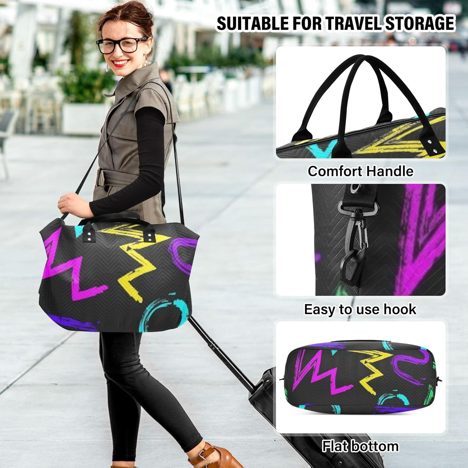 Colorful Art Trend Graffiti Overnight Travel Duffel Bag Travel Weekender Gear Bag Gym Duffel Bag with Toiletry Bag for Hiking Foldable, Colorful Art Trend Graffiti, 1 Size image number 4