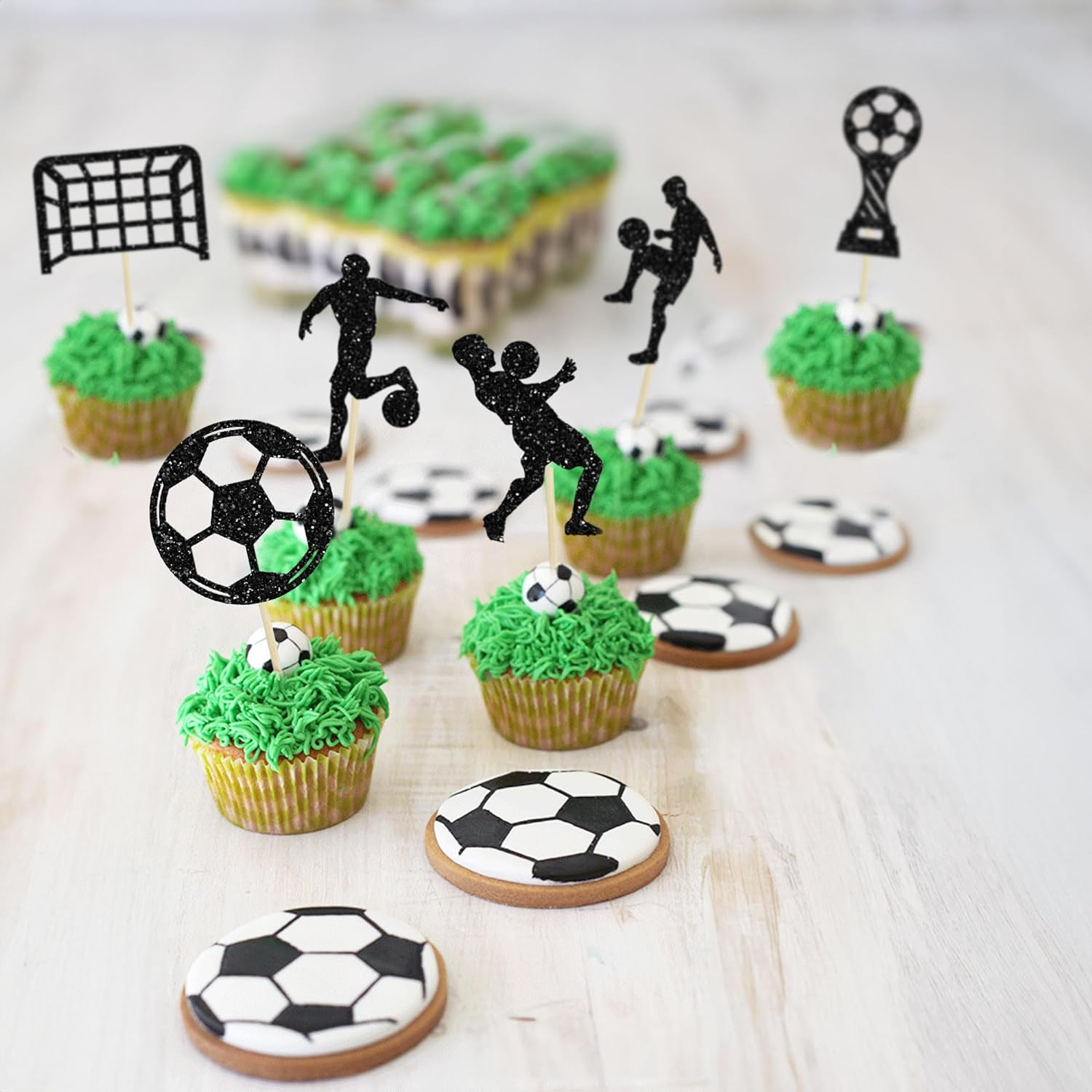24Pcs Soccer Cupcake Toppers Glitter Soccer Ball Cupcake Picks Sport Cake Decorations Football Theme Birthday Party Baby Shower Kids Boys Men Birthday Party Favors Supplies Black - Black image number 6
