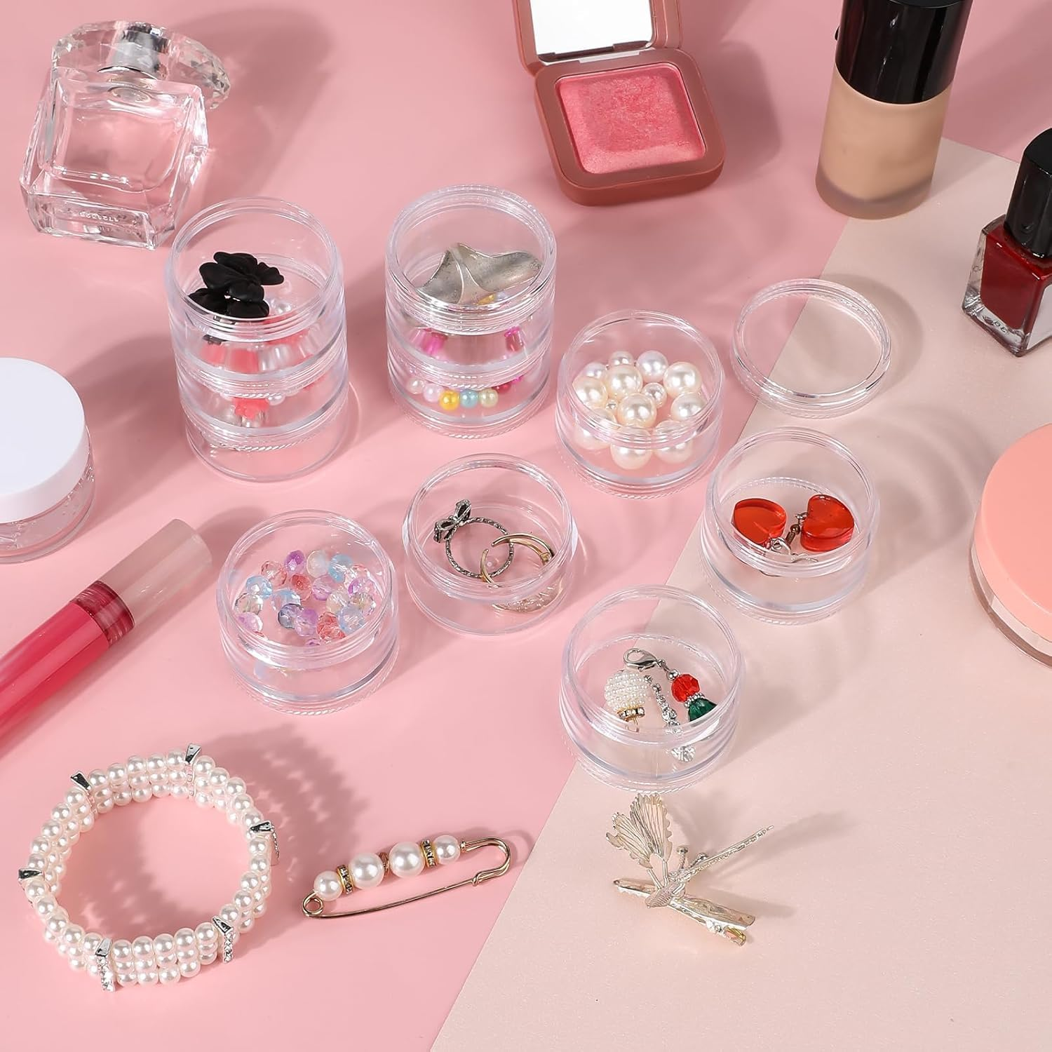 Wzenclave 36Pcs Transparent Stackable Jars round Plastic Container with Clear Lid Jewelry Bead Storage Containers Small Travel Sample Jar for Seed Beads Diamond Drills and Other Jewelry Components image number 2