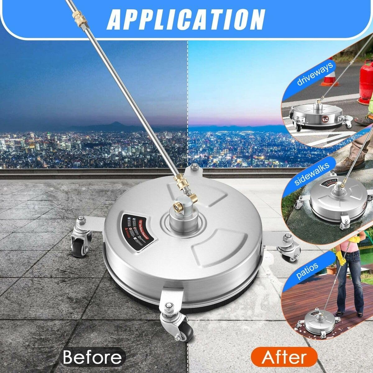 AUSWAY 15 Inch High Pressure Washer Surface Cleaner Concrete Driveway Scrubber Wheel Stainless Steel 4000PSI Power Extension Wand 1/4&rdquo; Connector Spray Nozzle