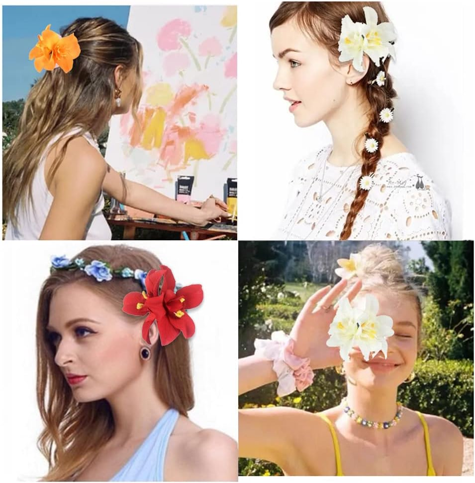 5Pcs Butterfly Orchid Hair Clips Bohemian Orchid Flower Hair Clip Double Hawaiian Flowers Barrettes Hair Accessories for Women Girls Wedding Party Holiday image number 2