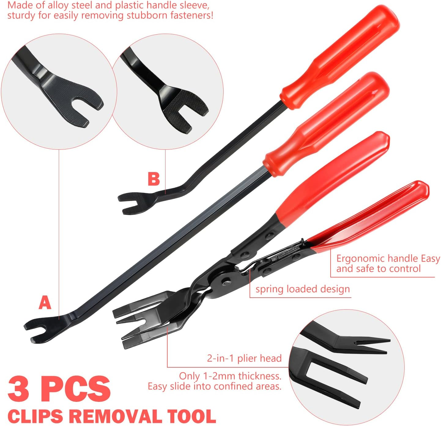 &lrm;DNA MOTORING TOOLS-00246 Car Trim Removal Tool Kit, Clip Plier Upholstery Remover Set for Auto Door Panel Audio Dashboard, with Storage Bag, Red - Red image number 3