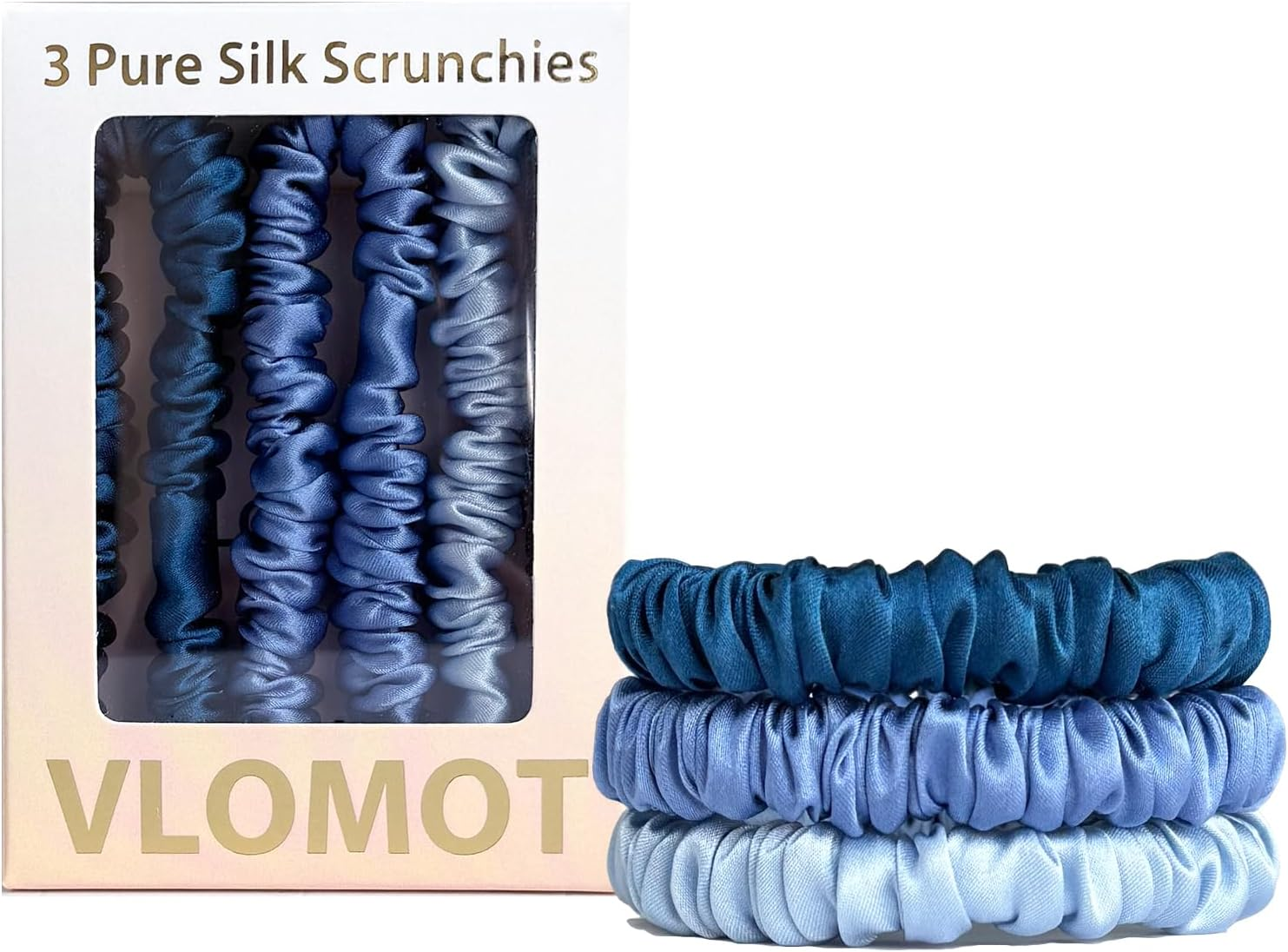 VLOMOT 3 Pcs Set 100% Pure Mulberry Silk Hair Scrunchies Hair Ties with 3 Chic Colors Everyday Skinny Scrunchies Silk Ponytail Holders Hair Care No Damage (Blue)