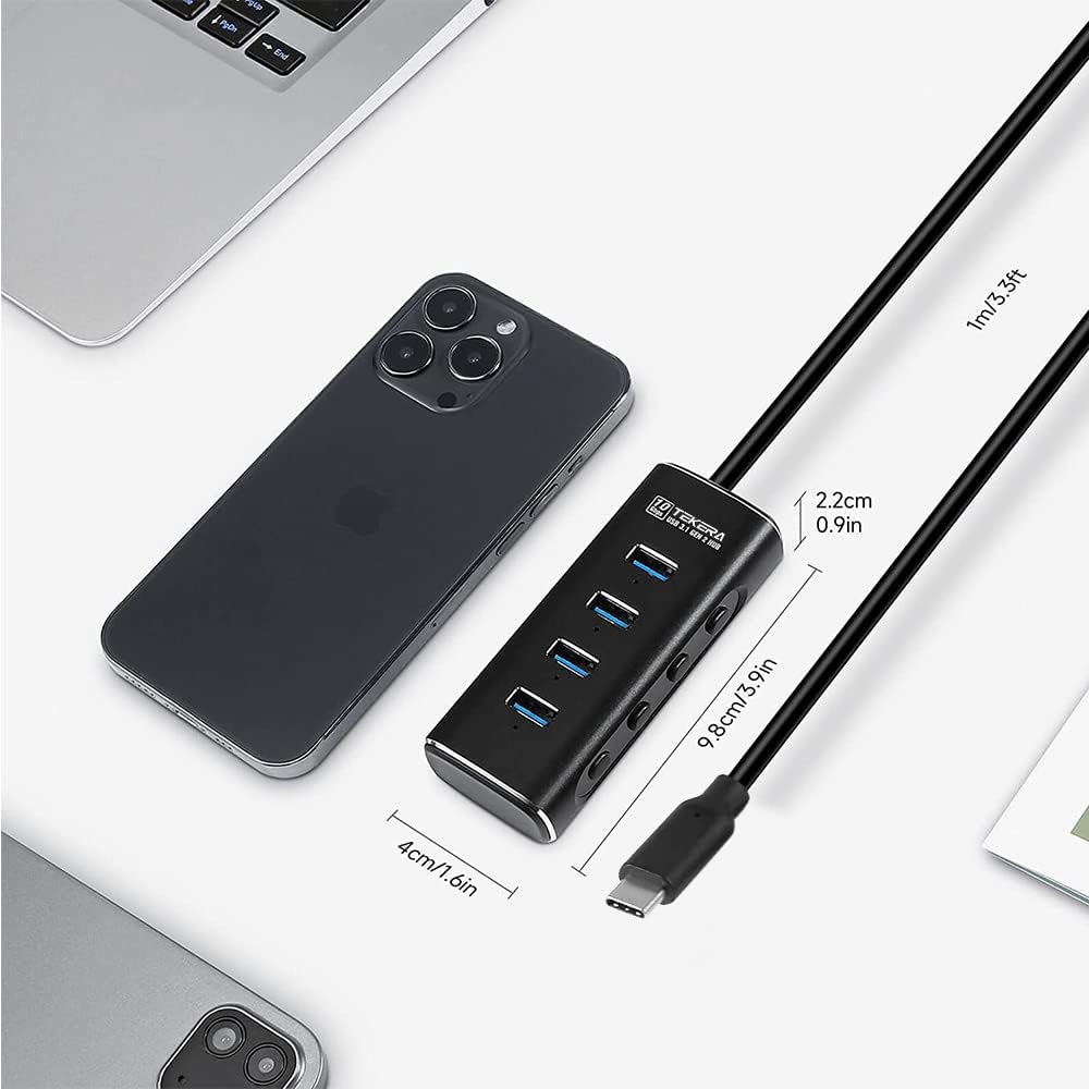 Powered USB C Hub, TEKERA USB 3.2/USB C Hub with 4 Port USB-A 3.2Ports, 10Gbps with Power Adapter, USB Port Expander for Laptop/Pc