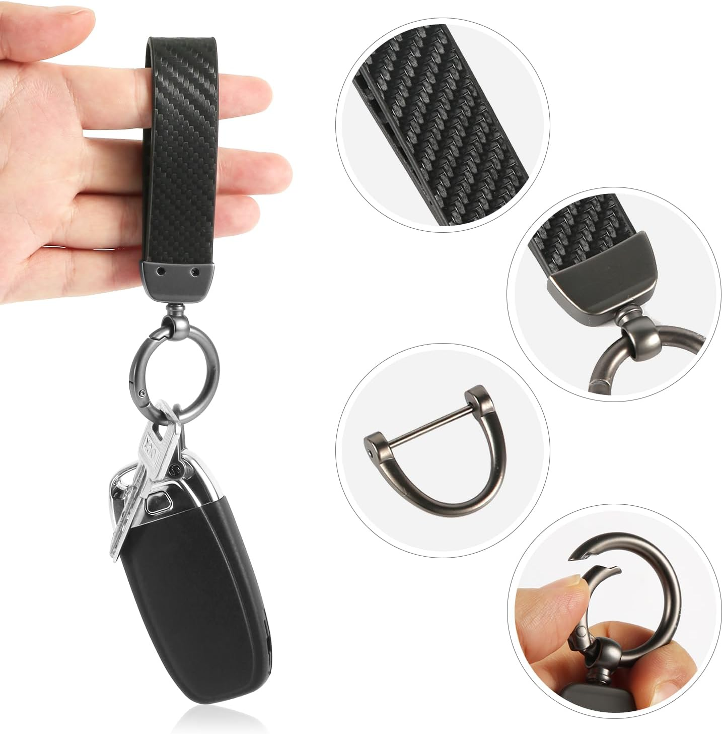 2Pcs Carbon Fiber Leather Car Keychain, 360&deg; Rotatable Swivel Key Chain Holder with Screwdriver for Women Men