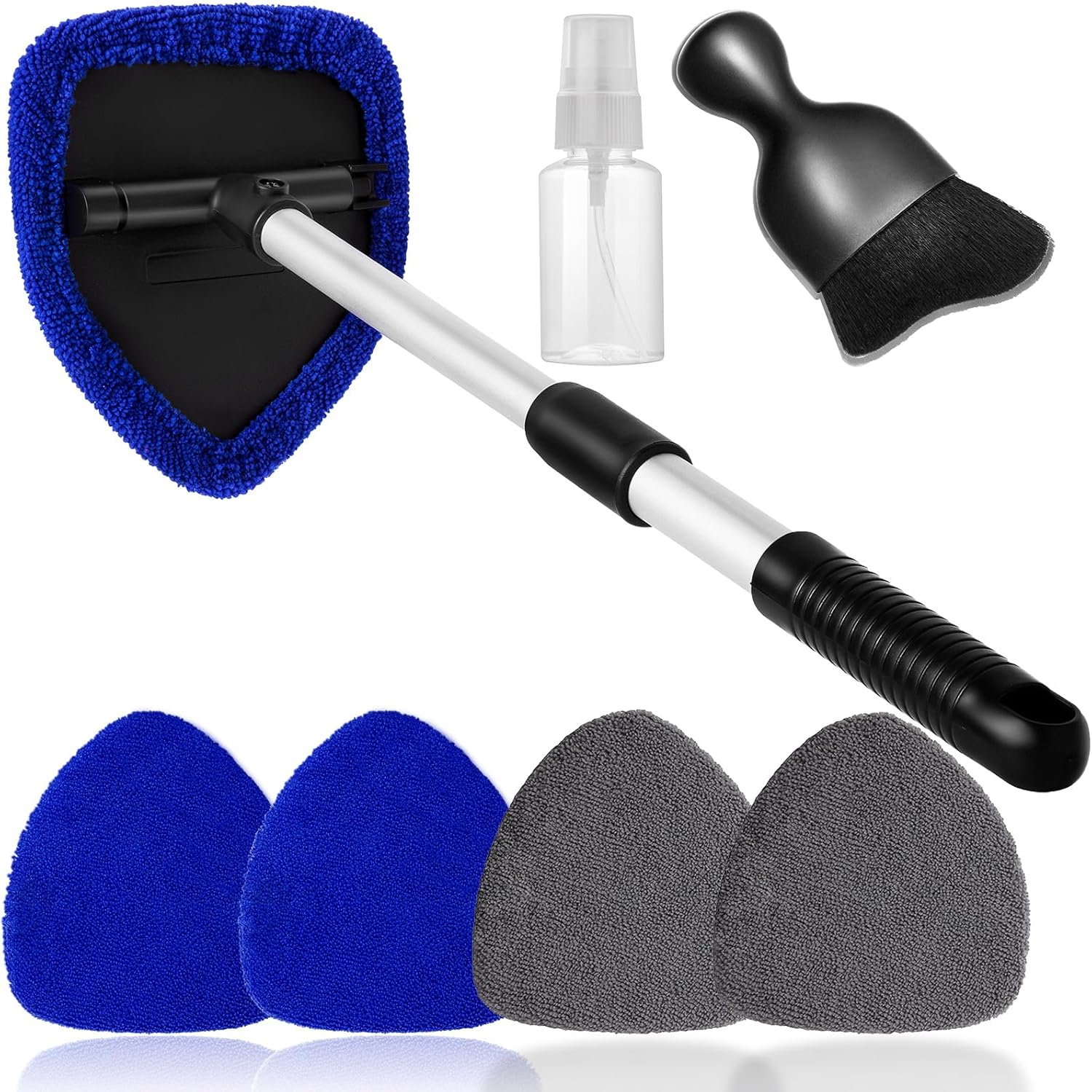 7Pcs Windshield Cleaner Tool Car Window Cleaning Wash Kit with 4 Reusable Microfiber Pads 1 Spray Bottle and Extendable Handle Auto Glass Wiper Kit, Blue