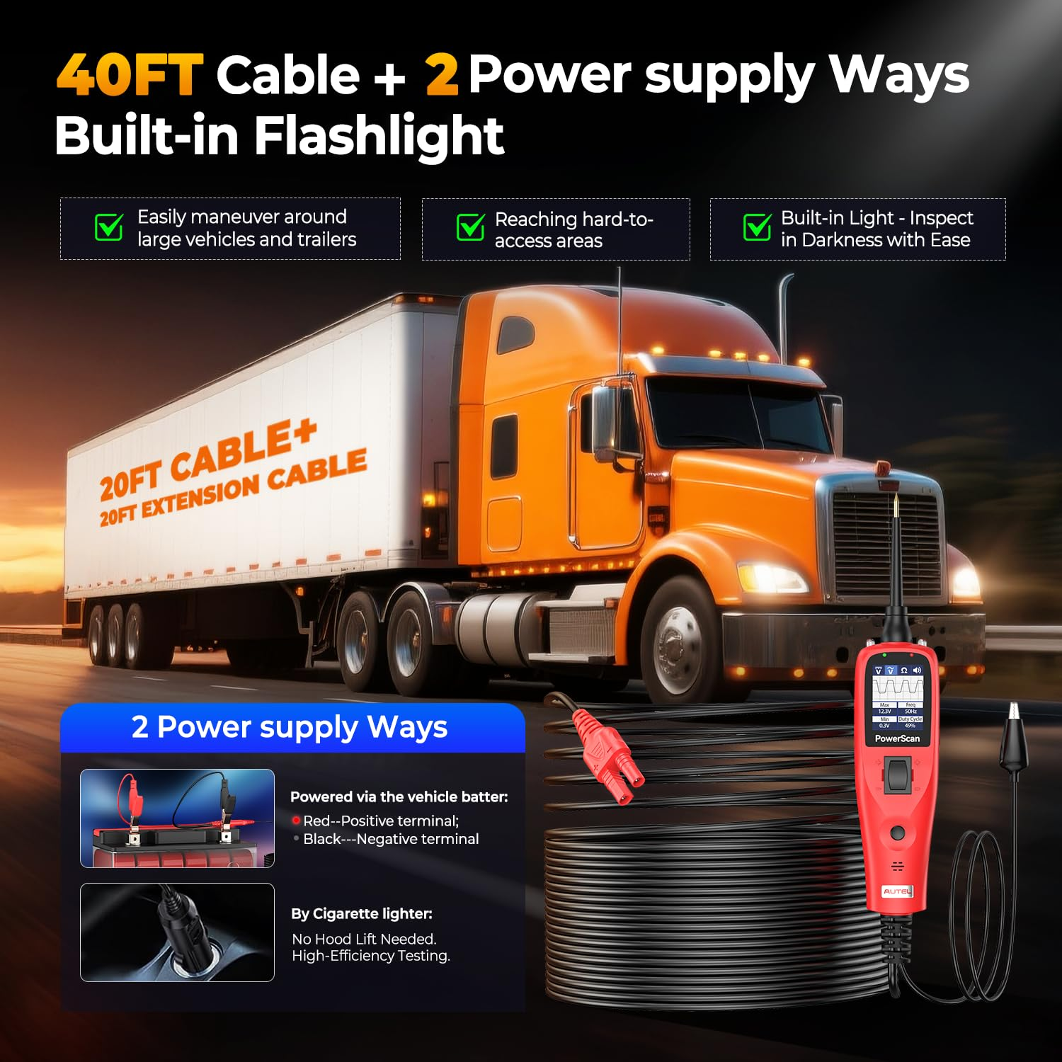 Autel Powerscan PS100 Automotive Circuit Tester, Power Circuit Probe Tool, 12-24V Electrical Short Open Breaker Circuit Finder, Digital Multimeter/Relay & Diode Resistance Tool Kit W/ 20FT Long Cord image number 3