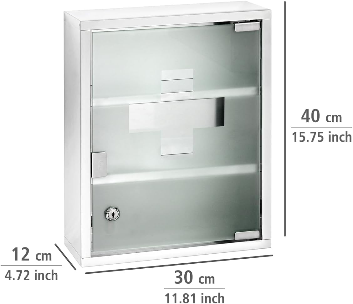 Wenko 22924100 Chest-Medicine Cabinet, Lockable, Stainless Steel, Silver Shiny, 12 X 30 X 40 Cm