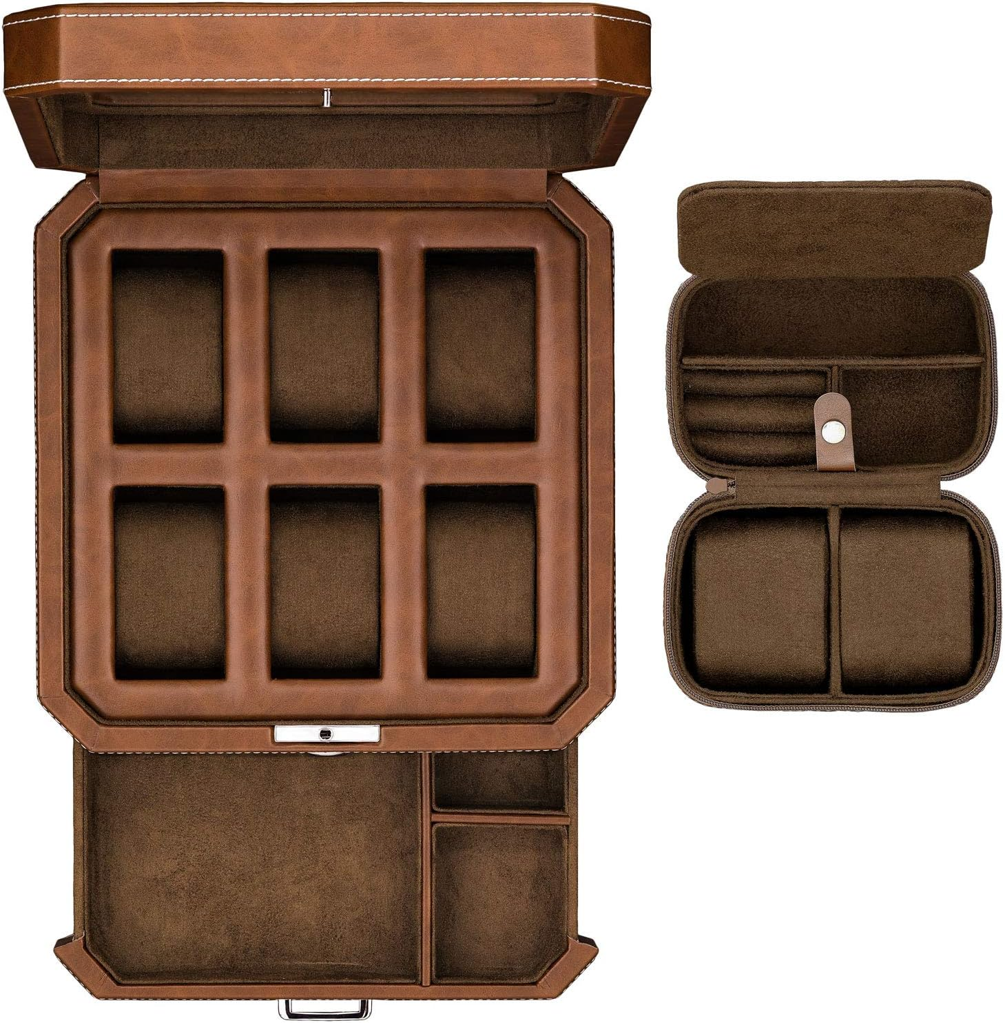 6 Slot Leather Watch Box with Valet Drawer - Luxury Watch Case Display Organizer, Microsuede Liner, Locking Jewelry Box, Mens Storage Boxes Holder Large Glass Top (Tan/Brown Gift Set)
