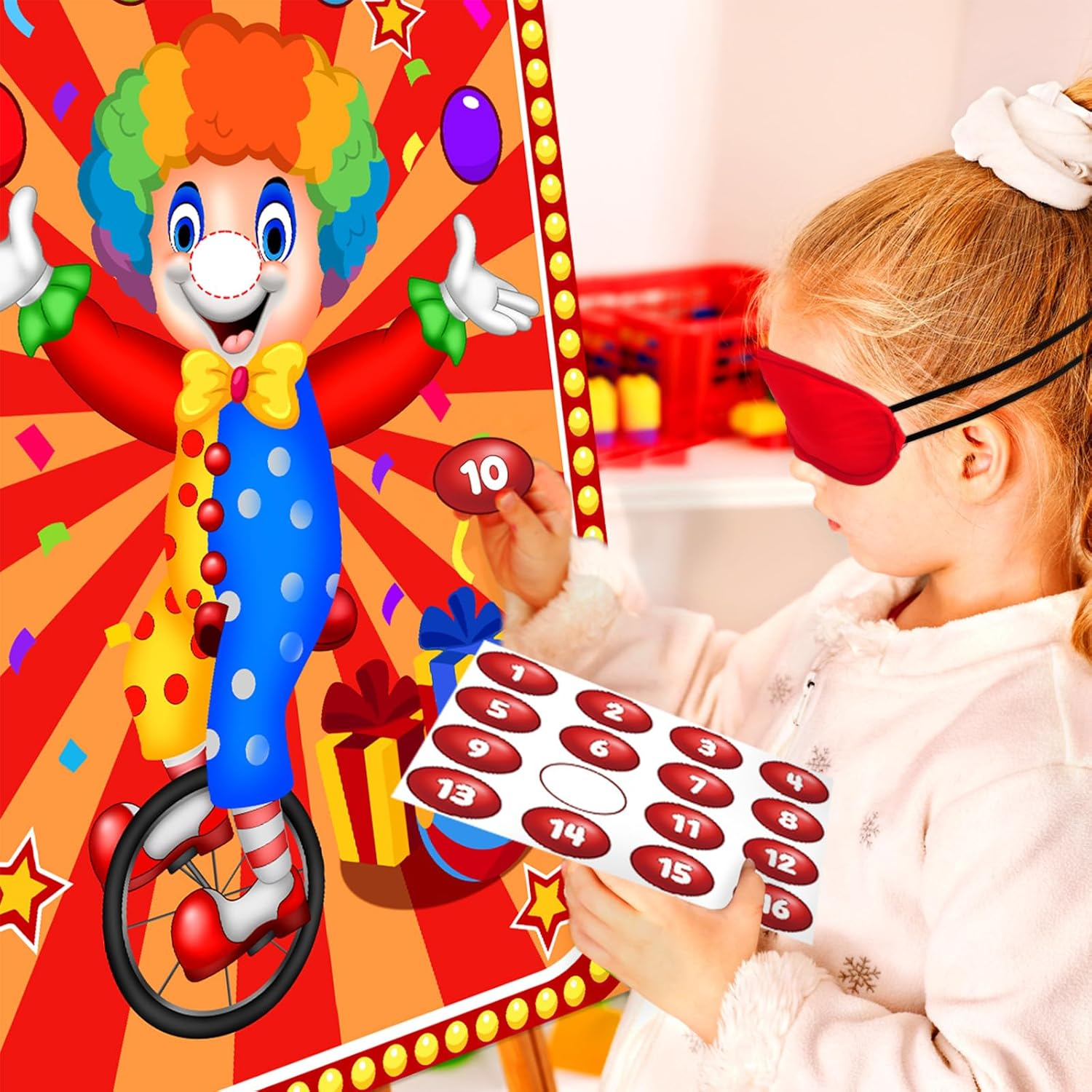 Hxezoc Pin the Noses on the Clown Carnival Game Set, Circus Theme Party Game for Kids, Includes 29X19 Inch Poster, Blindfold, 32 Nose Stickers & Adhesive image number 2