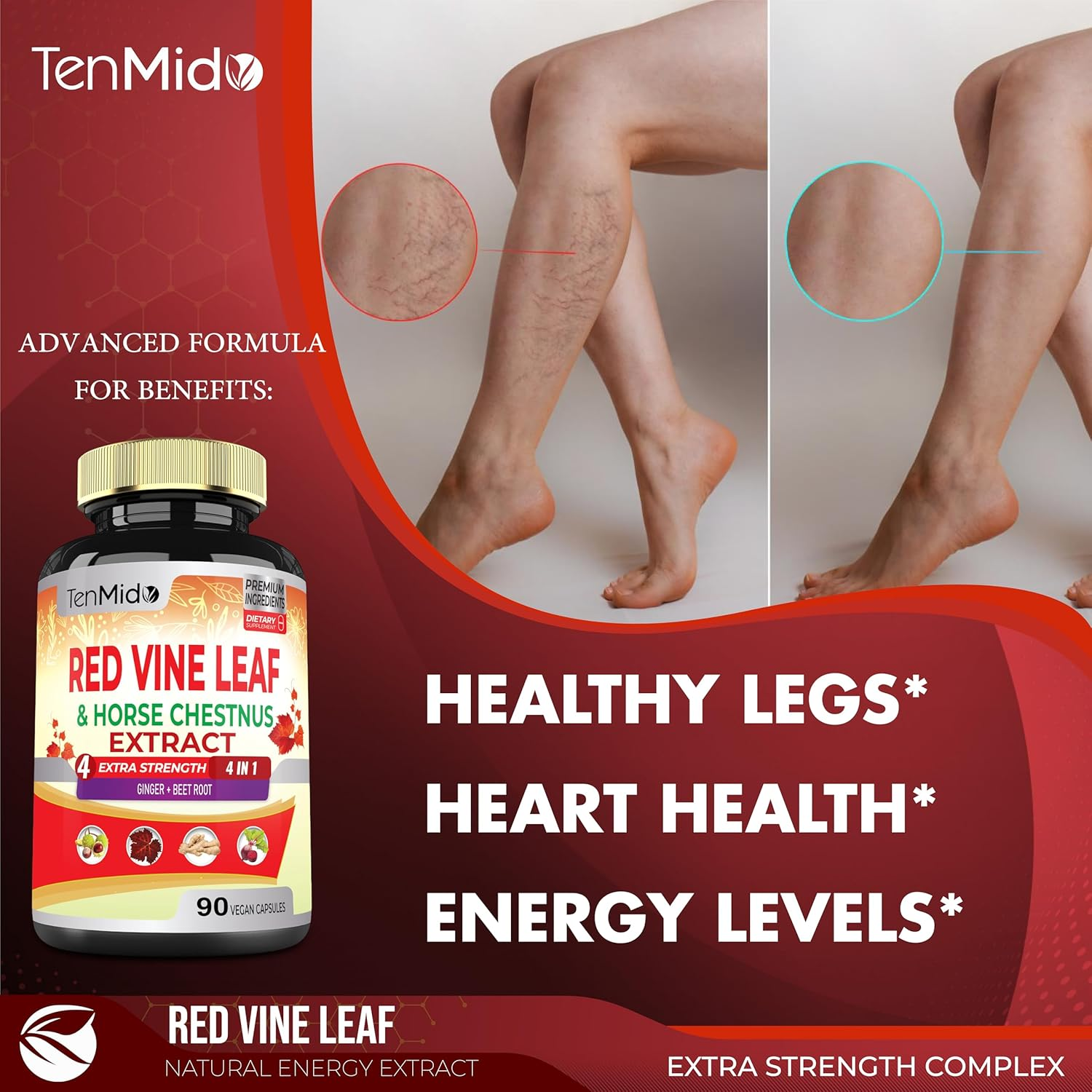 18250Mg Red Vine Leaf Extract Capsules - with Horse Chestnut, Beet Root, Ginger - Herbal Suppplement for Heart, Leg Vein & Energy - 90 Vegan Capsules for 45 Days image number 2