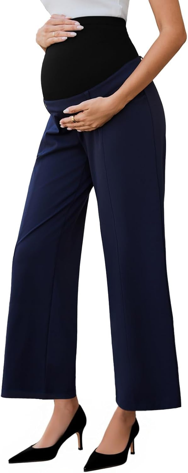 Ecavus Women'S Maternity Pants over Belly Skinny Stretchy Work Pants for Women Pregnancy Wide Leg Trousers with Pockets image number 7