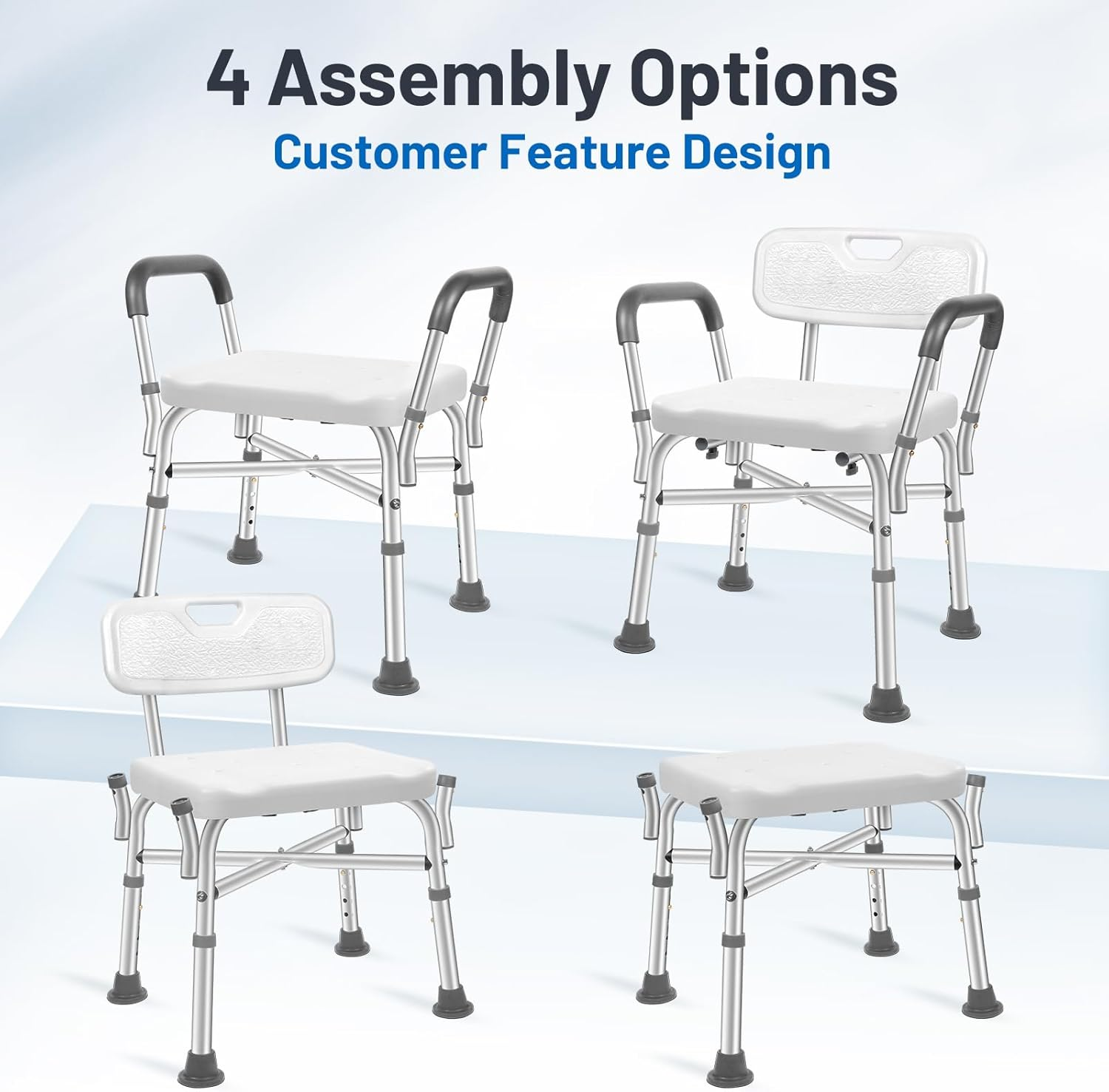 Tocebe Shower Chair for inside Shower, 550LB Capacity Shower Seat with Reinforced Cross Bar, Adjustable Height anti Slip Bath Chair with Backrest, Padded Armrests, Loofah Stick for Elderly & Disabled image number 6