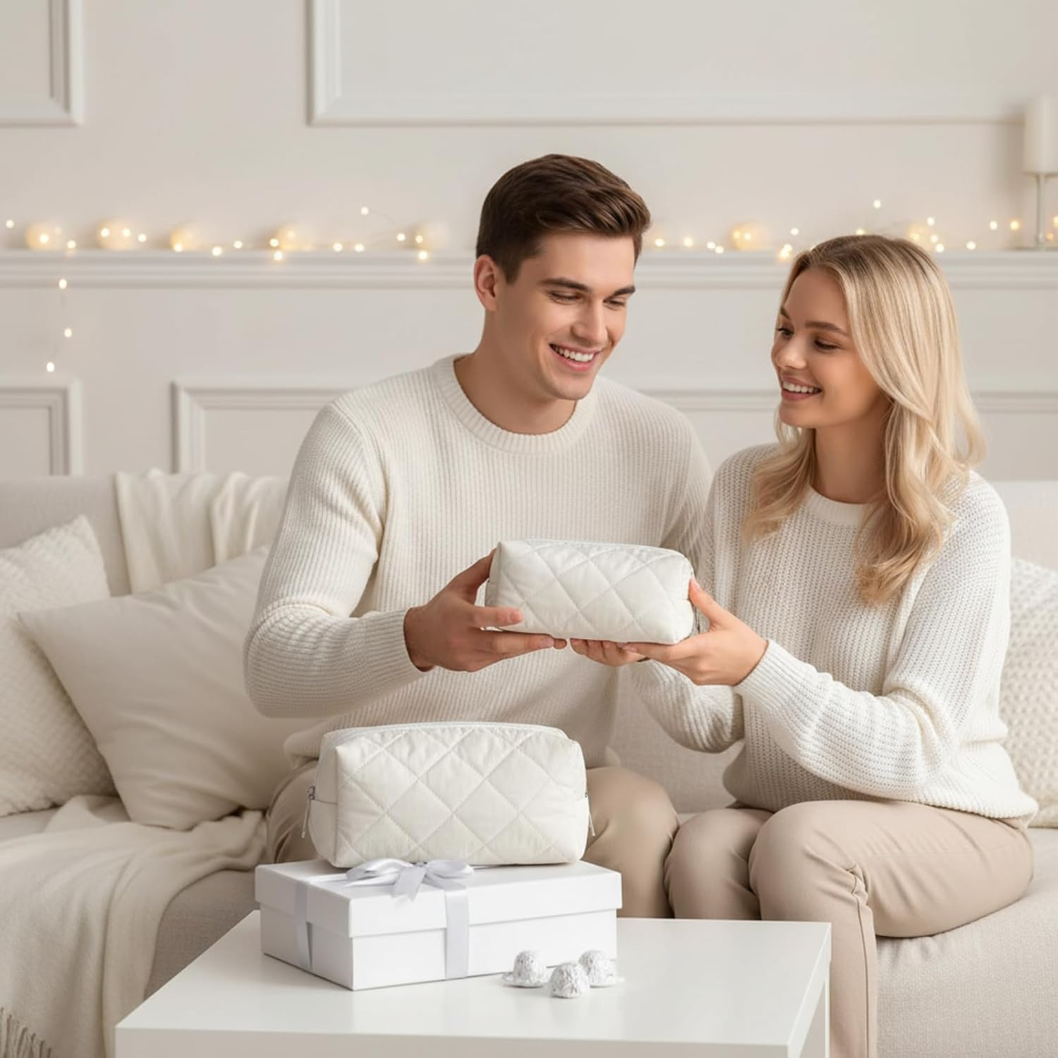 Siltriangle 2 Pcs Valentines Puffy Makeup Bag Quilted Cosmetic Pouch for Women Cute Puffer Makeup Organizer Compact Toiletry Bags Preppy Pencil Case with Zipper Winter Gift for Women Girlfriend, Beige