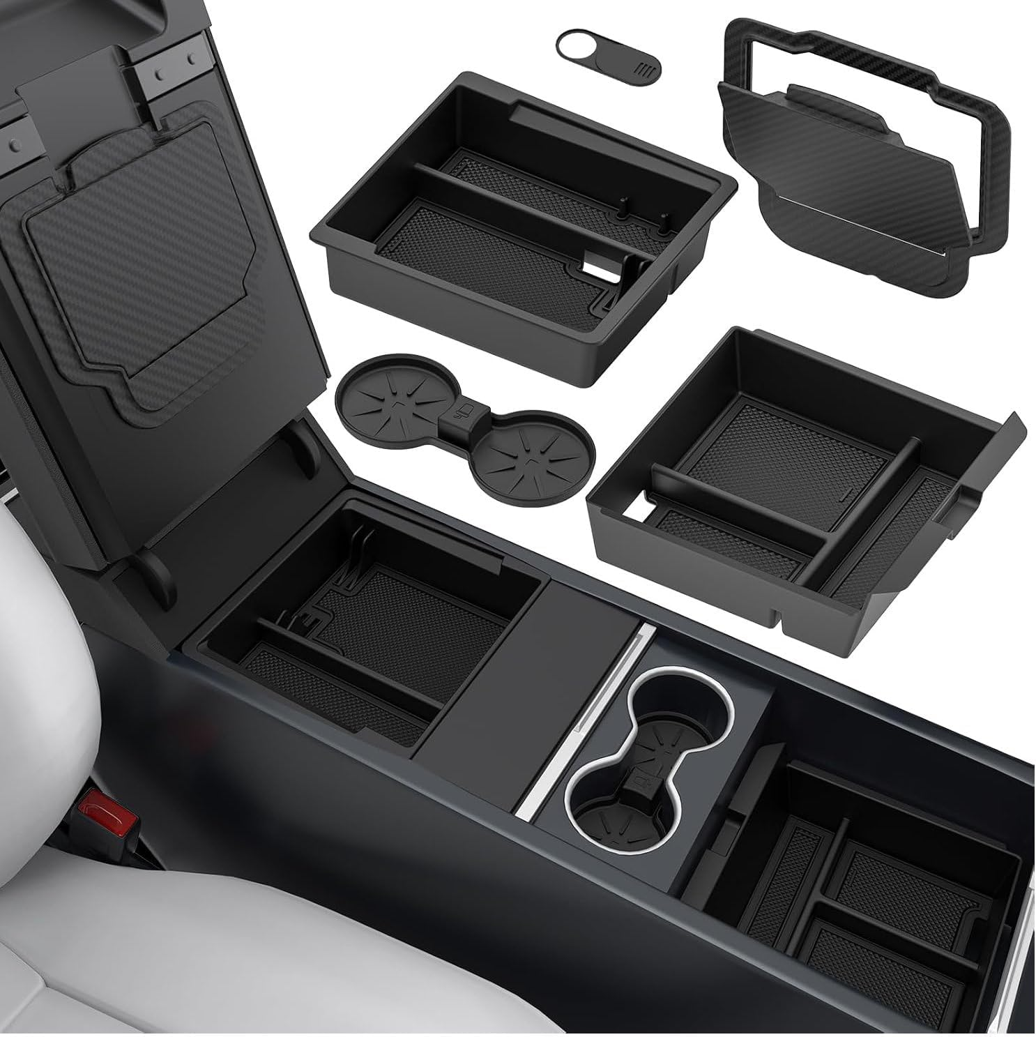 5PCS Center Console Organizer Set for Tesla Model Y Juniper Accessories, Model 3 Highland Shockproof Noiseless Storage Tray, Cup Holder & Armrest Drawer Organizer Accessories (5Pcs Set) image number 4