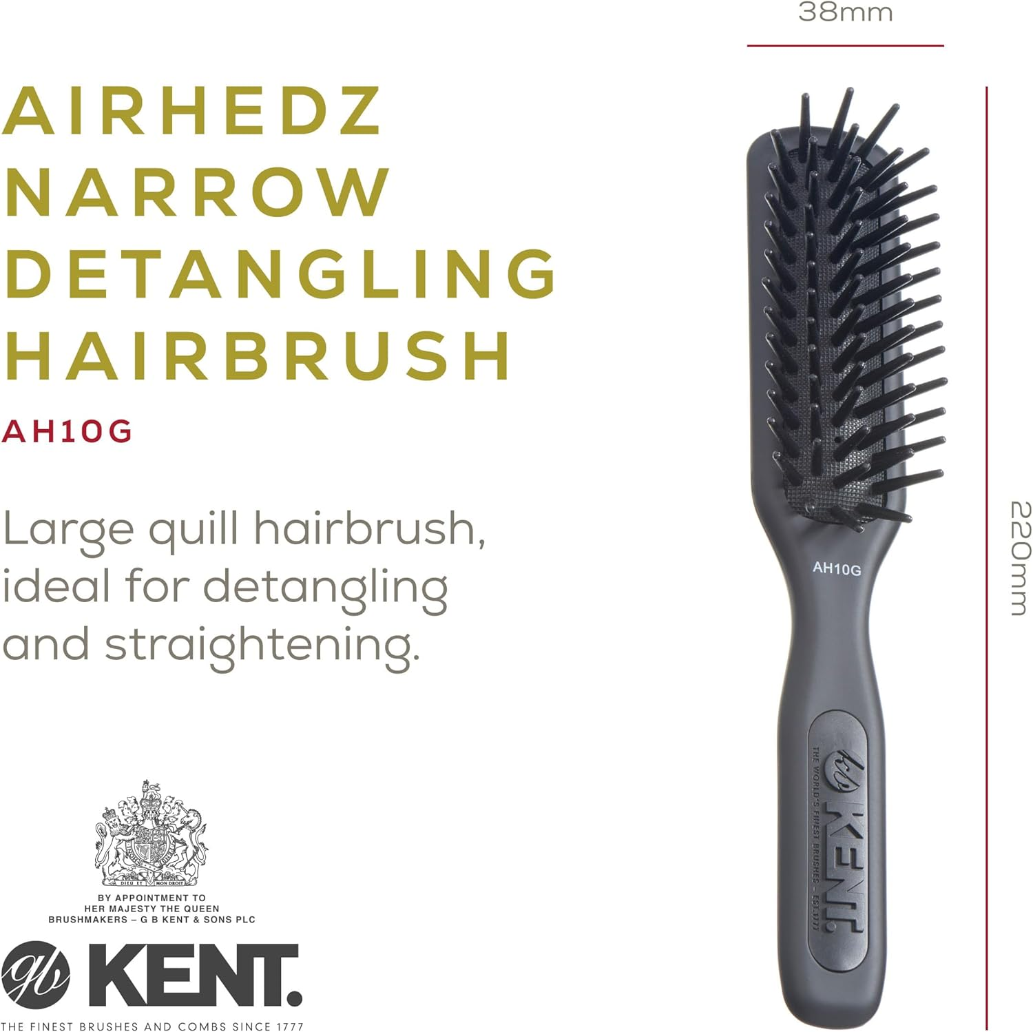 Kent AH10G Airhedz Pro Narrow Pin Hair Brush Narrow Cushion Paddle Brush - Taming Fat Pins, Detangling Long Thick and Curly Hair, Scalp Massager and Growth Stimulator for All Hair Types(Fat Pin, Grey) image number 5