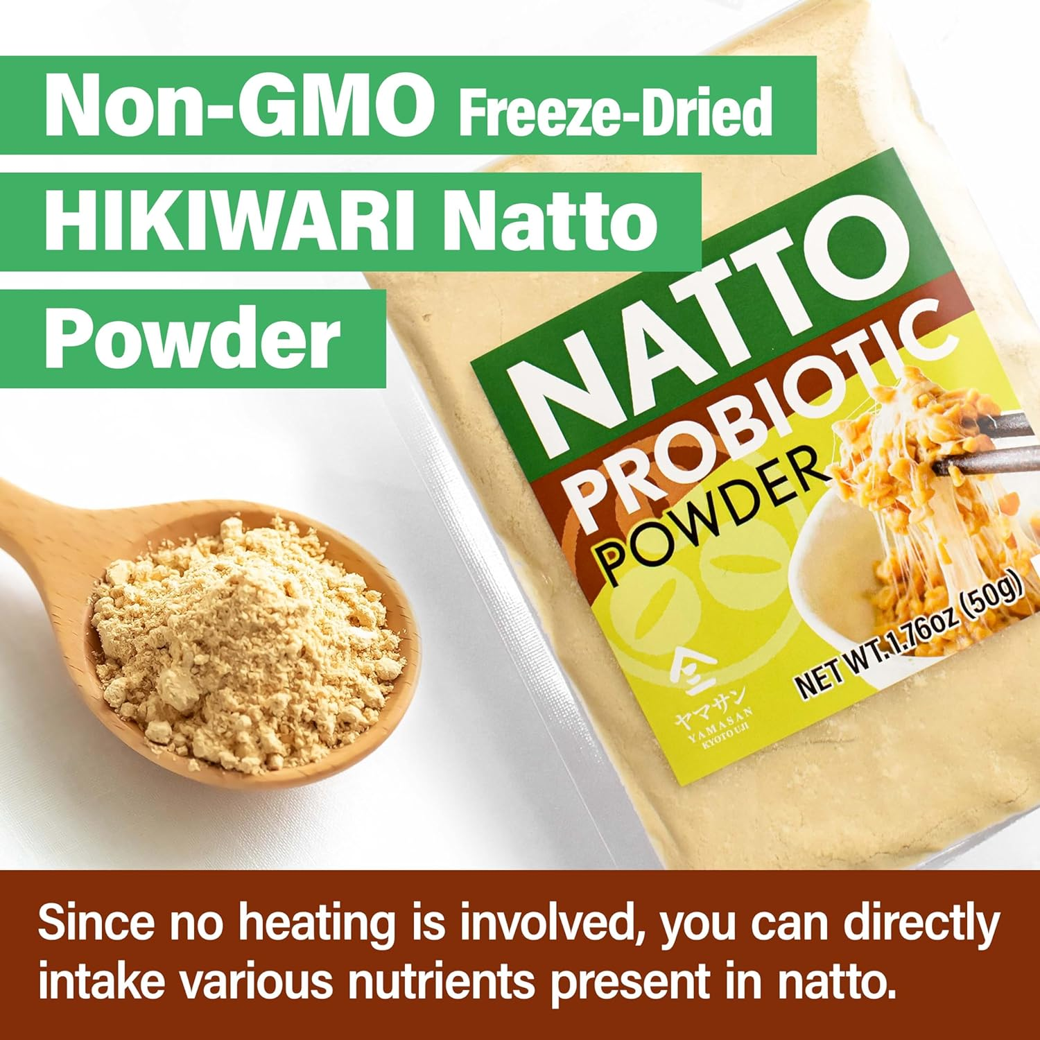 YAMASAN KYOTO UJI Japanese Natto Fermented Soybean Powder, Freeze-Dried Natto Powder, Vitamin K, Japanese Probiotic and Prebiotic Superfood &ndash; Low Sodium, Non-Gmo, Vegan, Made in Japan (50G) image number 1