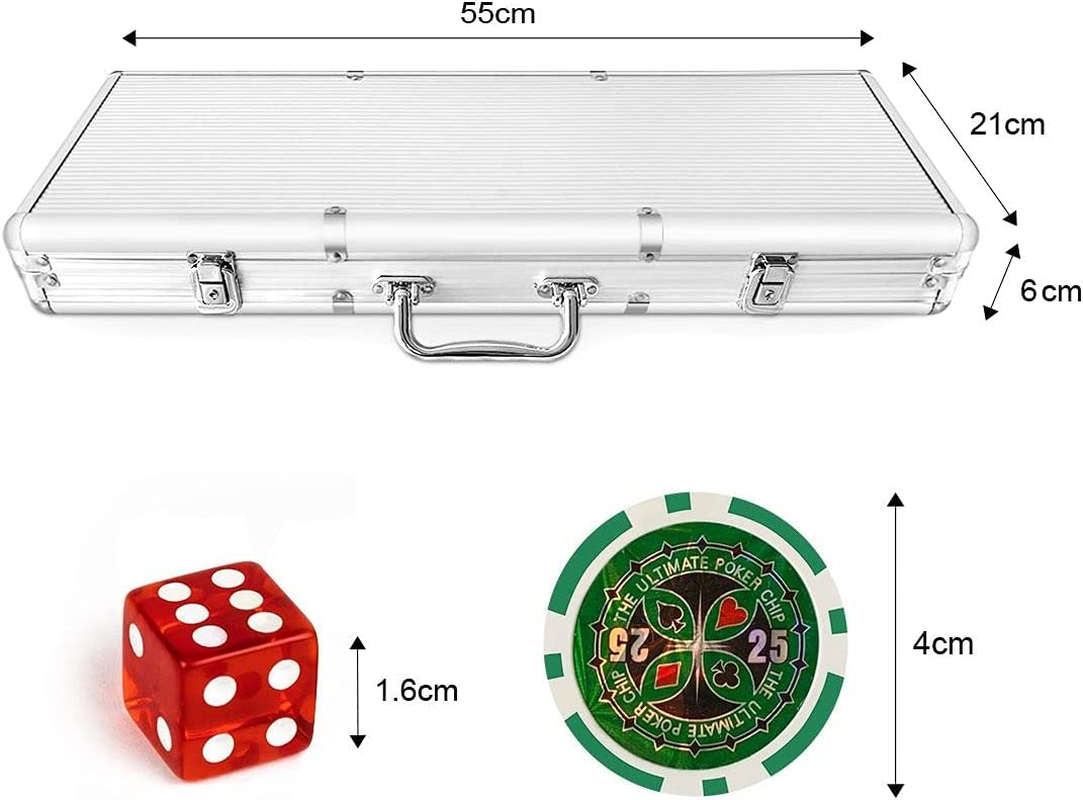 Casino Poker Chips Set, 500PCS 11.5 Gram 6 Colors Casino Chips Poker Set with Aluminum Travel Case,6 Buttons，2 Decks of Cards, 5 Dice, for Texas Holdem Blackjack Gambling image number 6