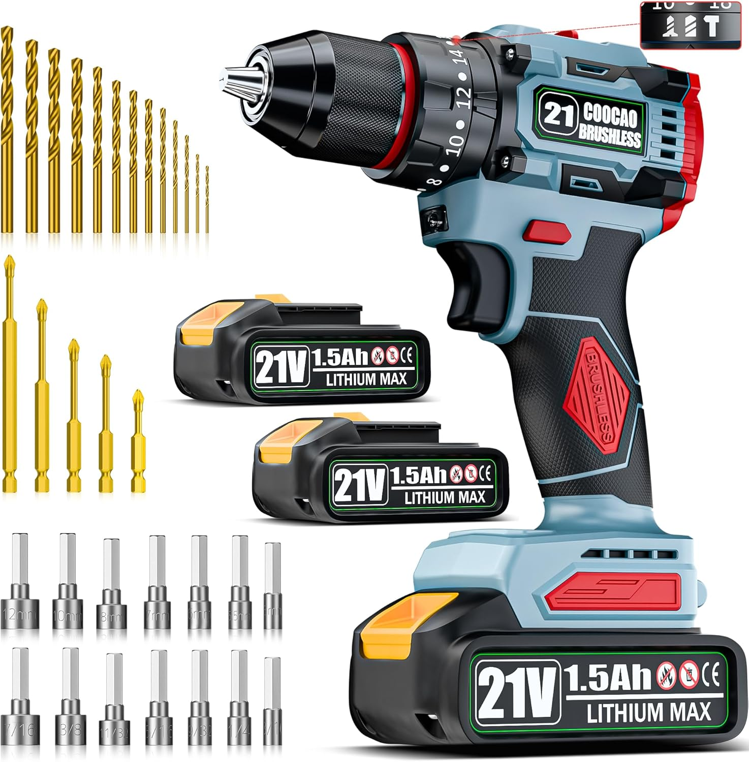 21V Cordless Drill, Brushless Power Drill Set with 2 Batteries and Charger,3/8-Inch Chuck Electric Drill Driver,20+3 Torque Setting,32 Pcs Drill/Driver Bits and Tool Set