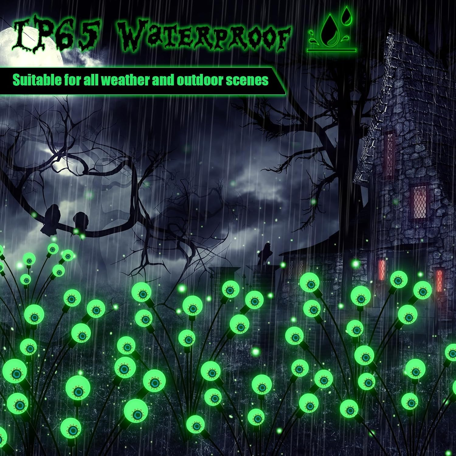 Augshy Halloween Decorations Outdoor, 2 Pack 16LED Solar Eyeball Pathway Lights, Scary Waterproof Solar Green Firefly Lights for Garden Lawn Yard Decor image number 5