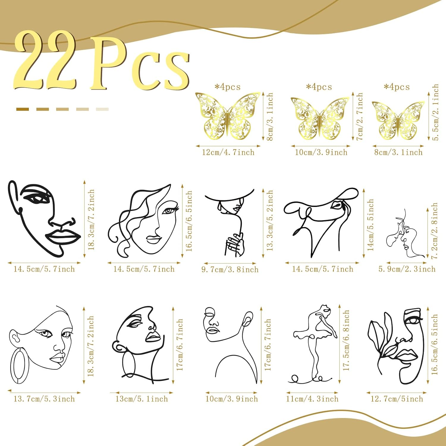 Kigley 22 Pcs Minimalist Art Lady Face Cake Topper Butterflies Cake Decoration Acrylic Wedding Birthday Boho Cake Toppers for Women Bridal Shower Party Supplies (Black) image number 4