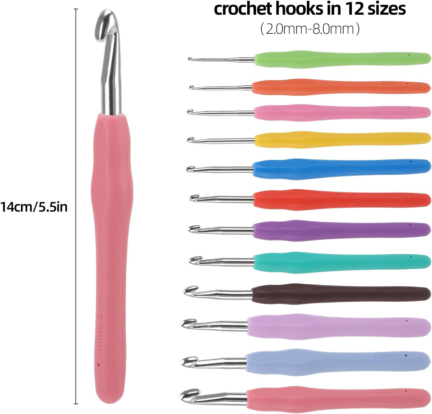 BTYMS 12Pcs Crochet Hooks Set, Ergonomic Handle Crochet Hook Needles for Arthritic Hands, Knitting & Crochet Supplies for Beginners, Extra Long Crochet Needles Size (2.0Mm-8.0Mm)