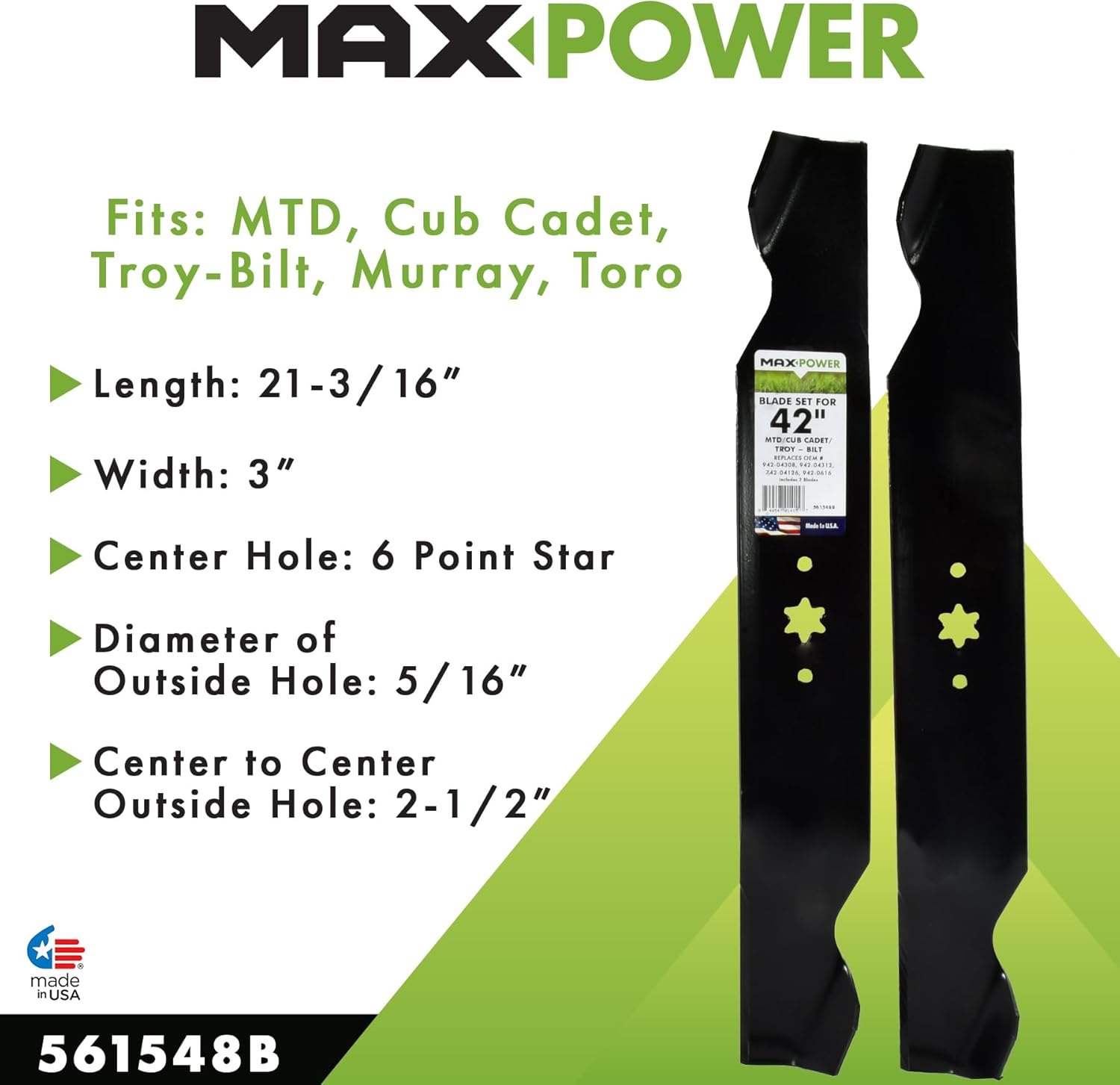 Maxpower 561548B 2-Blade Set for 42 Inch Cut Mtd/Cub Cadet/Troy Bilt Many Others, Replaces OEM #'S 42-04126, 742-04308, 742-0616 image number 1