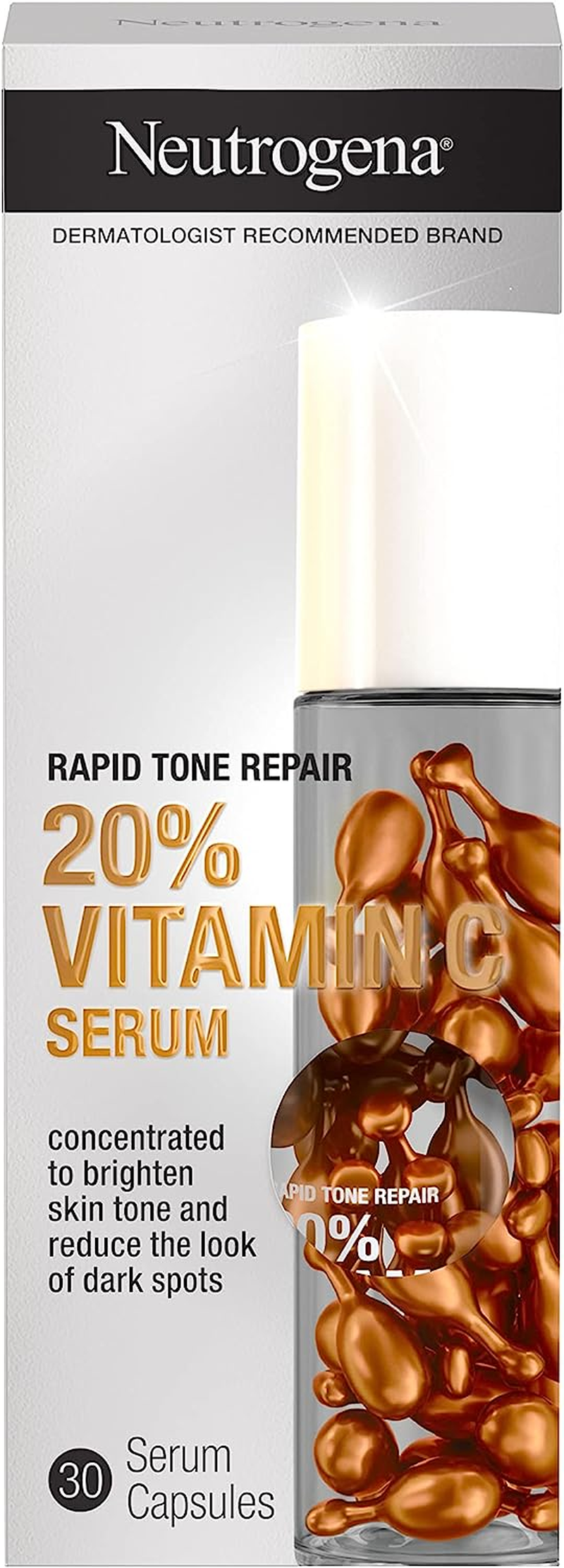 Neutrogena Rapid Tone Repair Brightening 20% Vitamin C Serum Capsules, Antioxidant Serum to Brighten Look of Dark Spots & Even Skin Tone, Oil-Free, 30 Serum Capsules