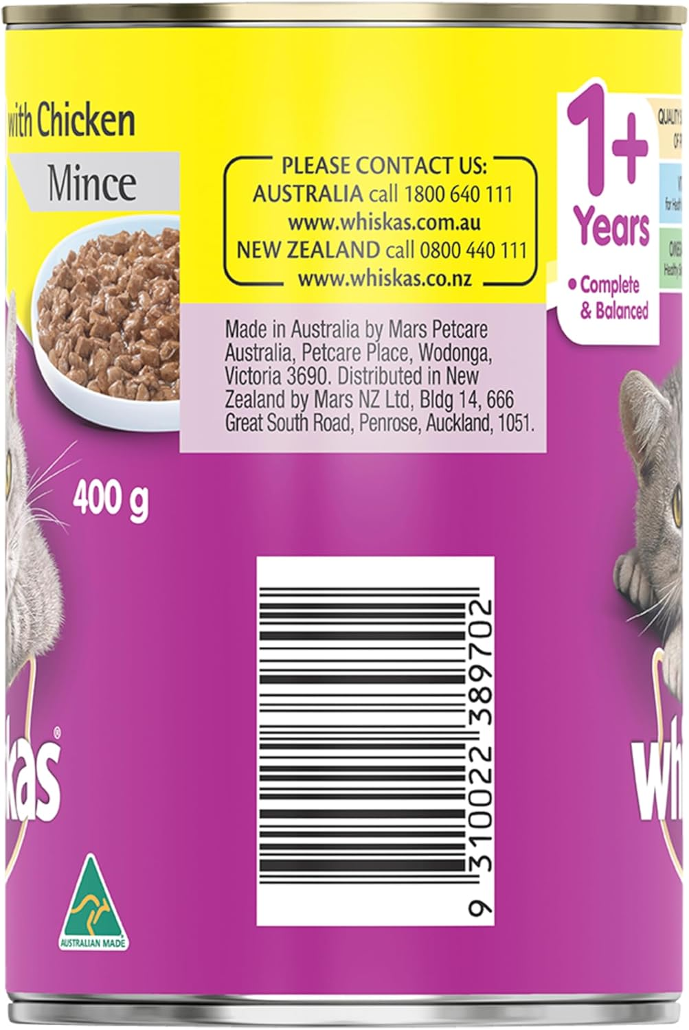 WHISKAS 1+ Years Adult Wet Cat Food Chicken Mince Can 400G Can, 24 Pack image number 2
