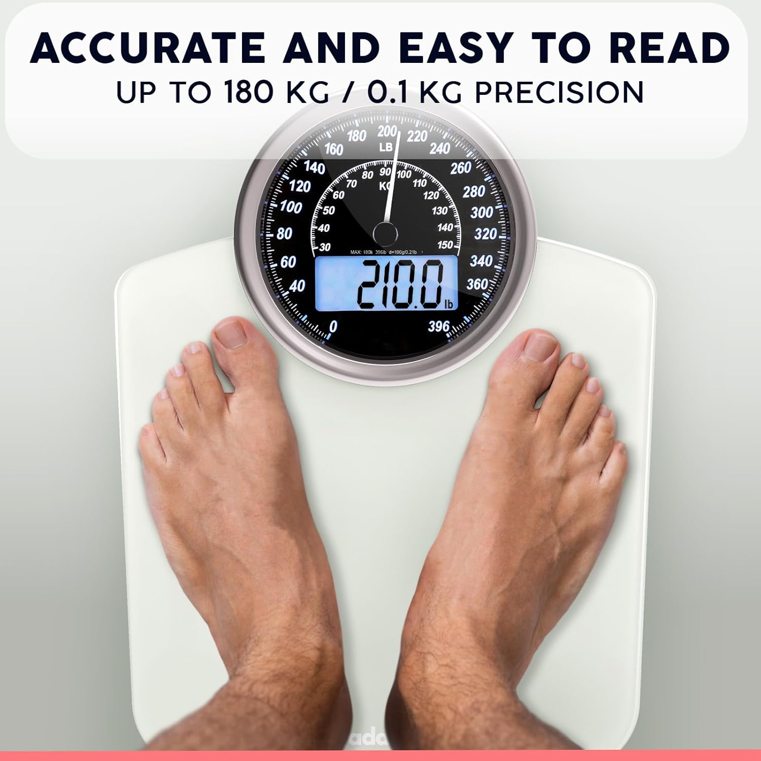 Adamson Hybrid 2-In-1 Analog & Digital Weighing Scale for Body Weight up to 400Lbs + Thick Tempered Glass + Extra Large Display + Easy to Read Digital Bathroom Scale + New Version - White image number 6