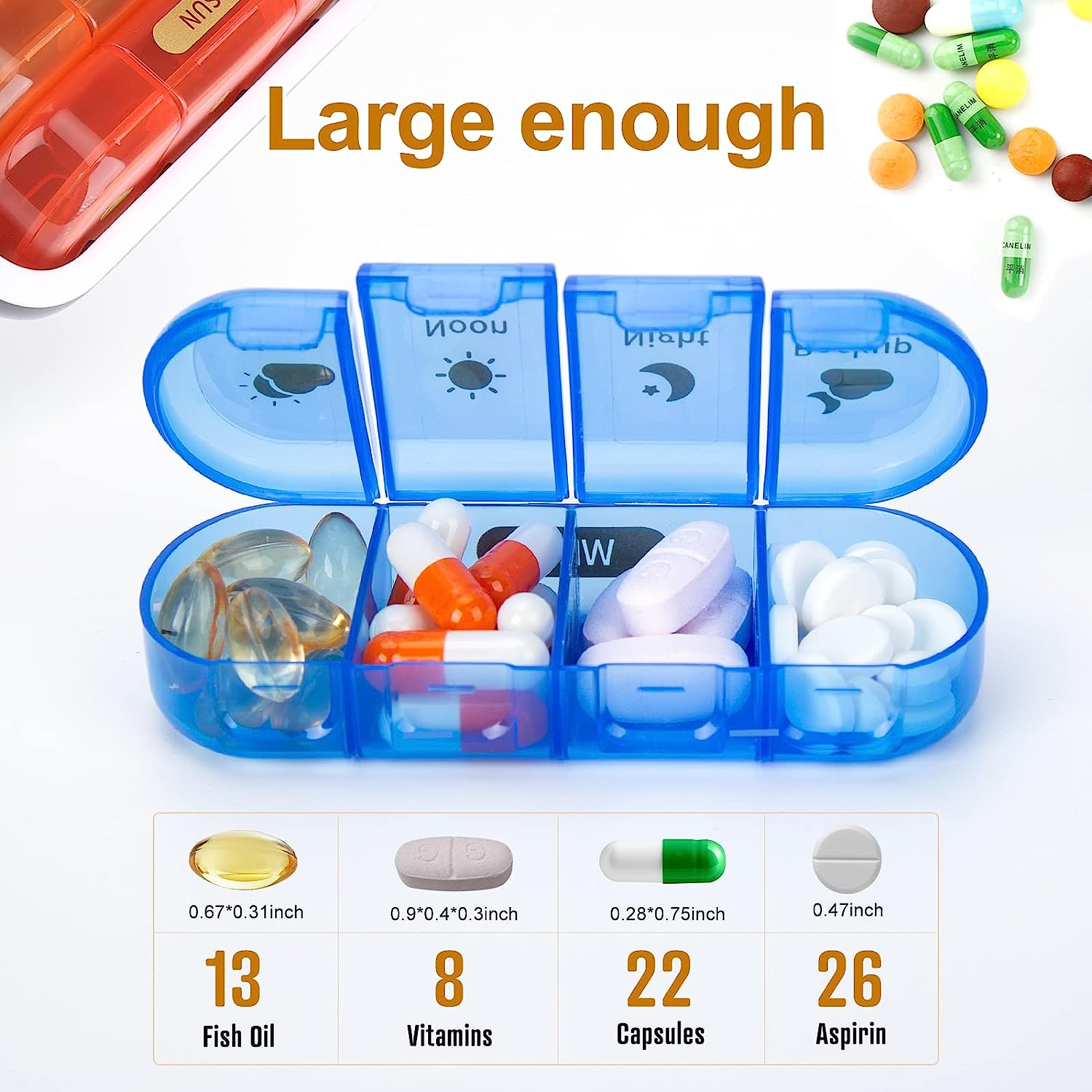 Pill Organizer 4 Times a Day,Pill Box,Medicine Organizer with Removable Days,Portable 7 Day Pill Case for Travel Pill Containers for Vitamins Fish Oils Supplements（Seven Colors+Black Shell） image number 1