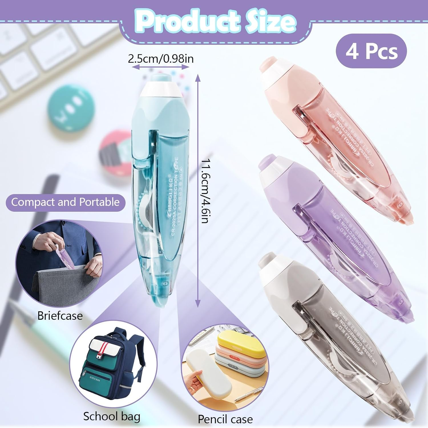 Refillable Retractable White Out Correction Tape Pen Shaped Aesthetic Correction Tape with Replaceable and Retractable Features Portable Stationery Tool Office Supplies (4Pcs) image number 1