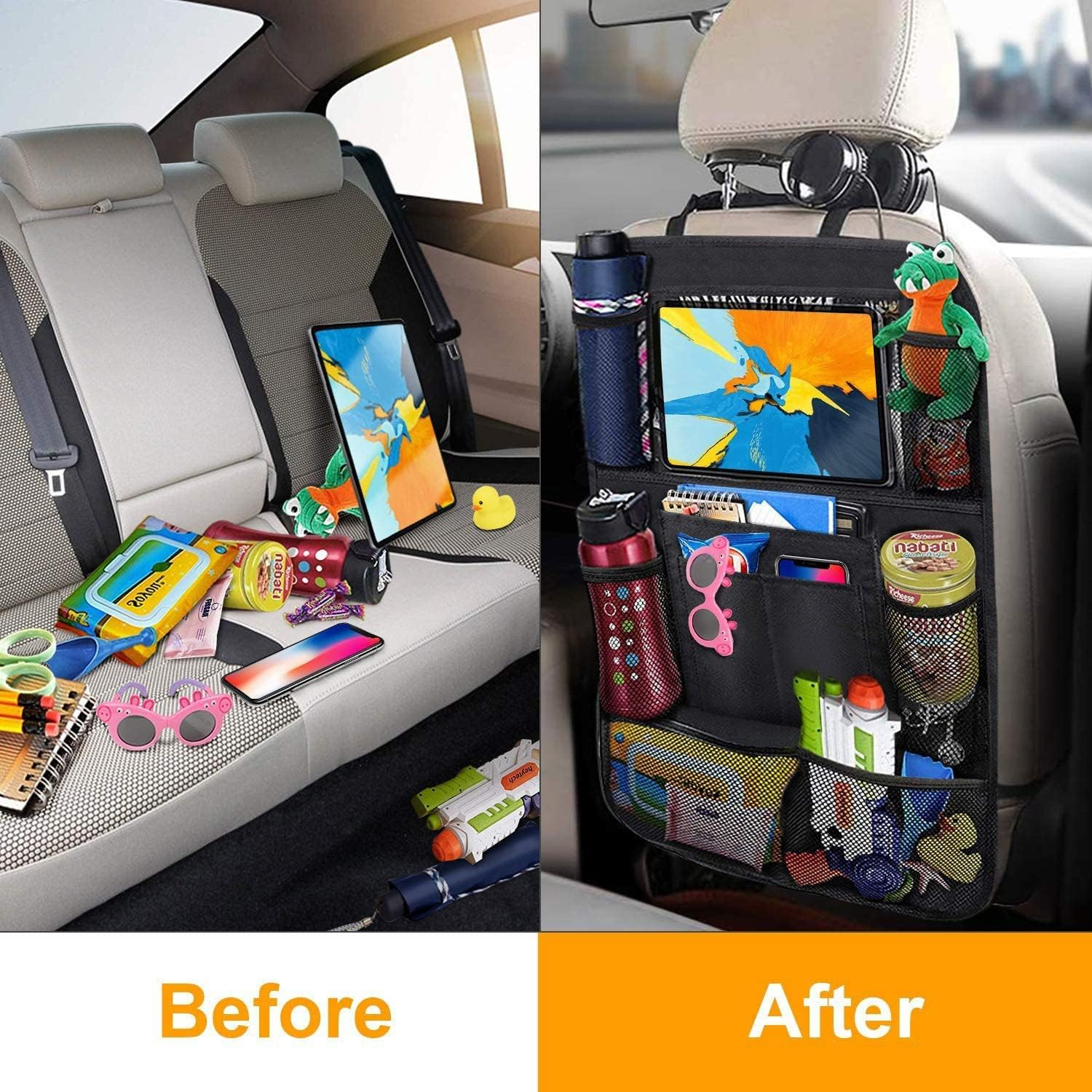 2PCS Car Organisers, Car Seat Back Organiser with 10 Inch Ipad/Tablet Bag, 600D Oxford Fabric Waterproof Car Seat Back Seat Organiser Car Seat Protector Backrest, Black image number 4