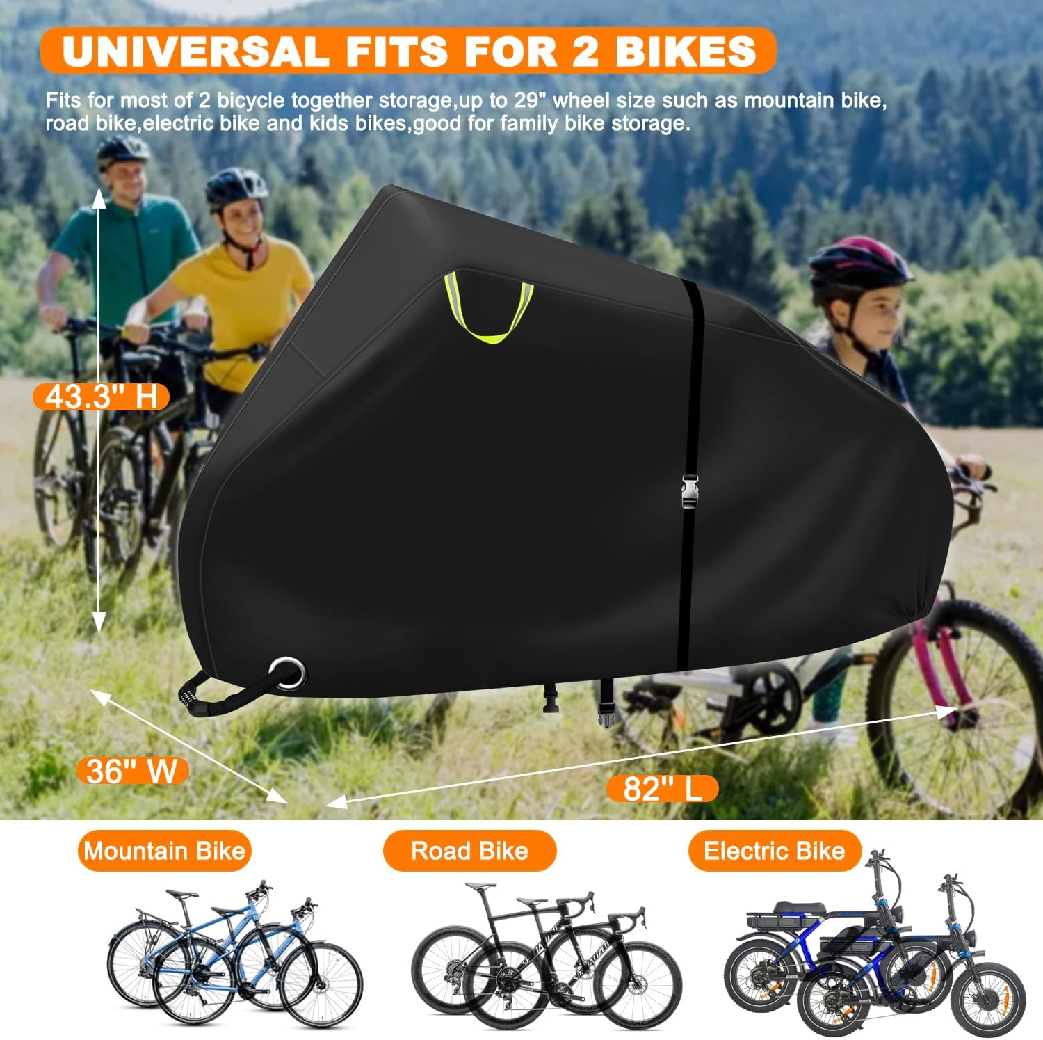 Clawscover Bike Covers Outdoor Storage Waterproof for 2 Bikes,Heavy Duty 600D Polyester,Durable Anti-Uv,Weatherproof Ebike Bicycle Electric Bike Cover, Buckles Straps,Reflective Handle,82''X36 X43.3 image number 2