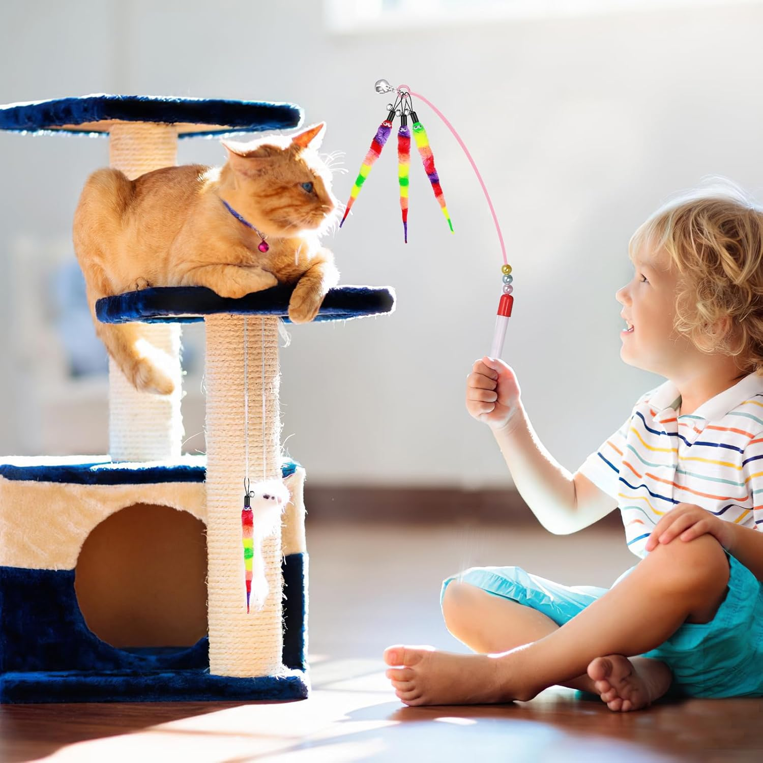 Amaxiu Rainbow Cat Wand Toy - 12Pcs Replacement Refills, Interactive Feather Toys with Bells for Indoor Cats and Kitten Training - Fluffy Worms Accessories image number 5