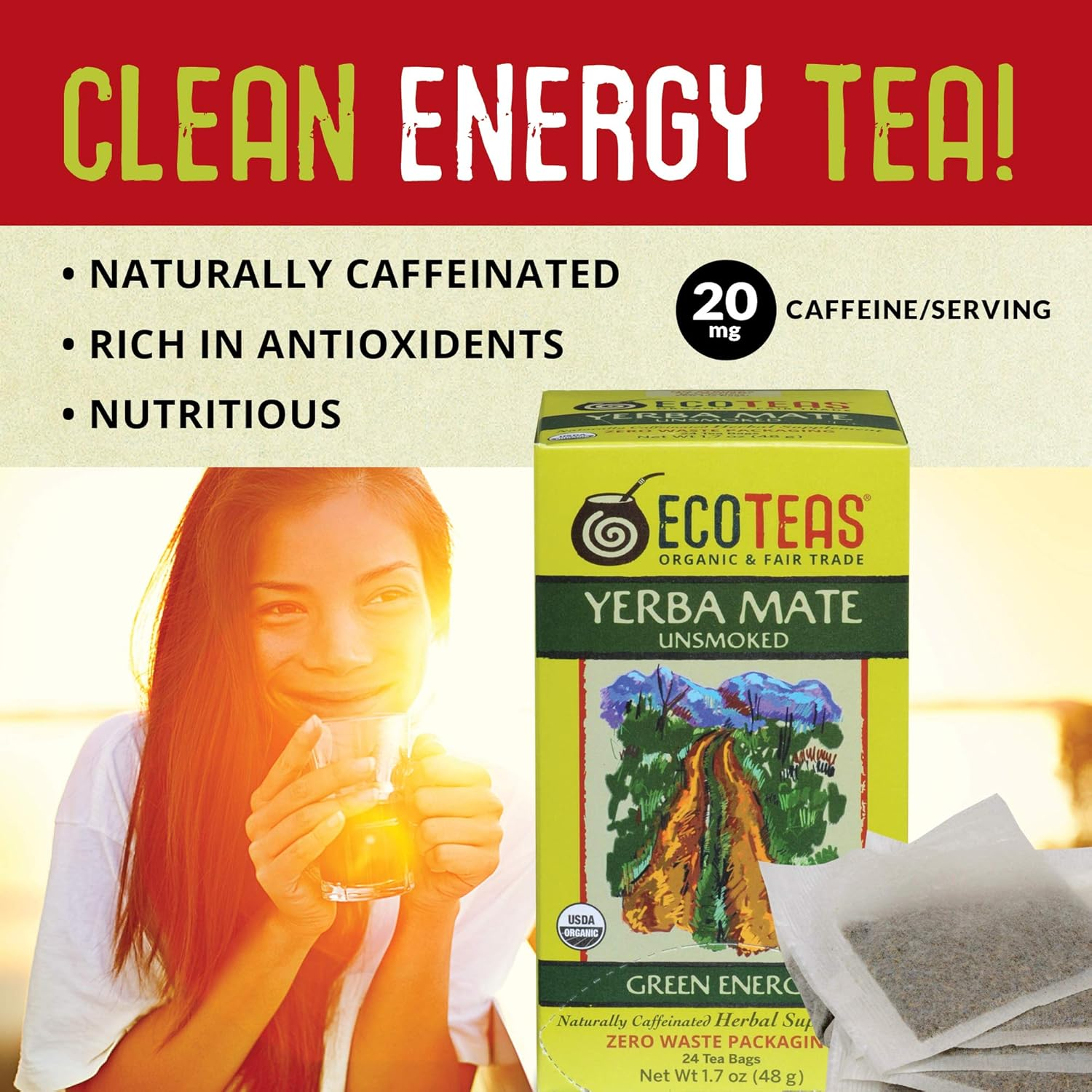 ECO TEAS Organic Yerba Mate Unsmoked Green Tea - 24 Bags image number 4