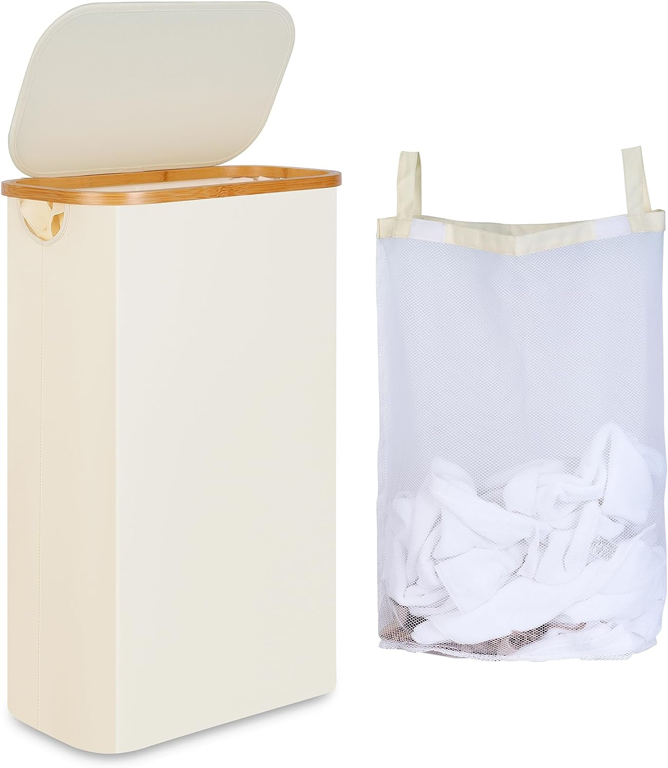 60L Slim Laundry Basket with Lid,Hampers for Laundry,Narrow Laundry Hamper with Removable Inner Bag & Bamboo Handles,Tall Thin Clothes Hamper for Clothes Toys Towels Organization（Beige ）
