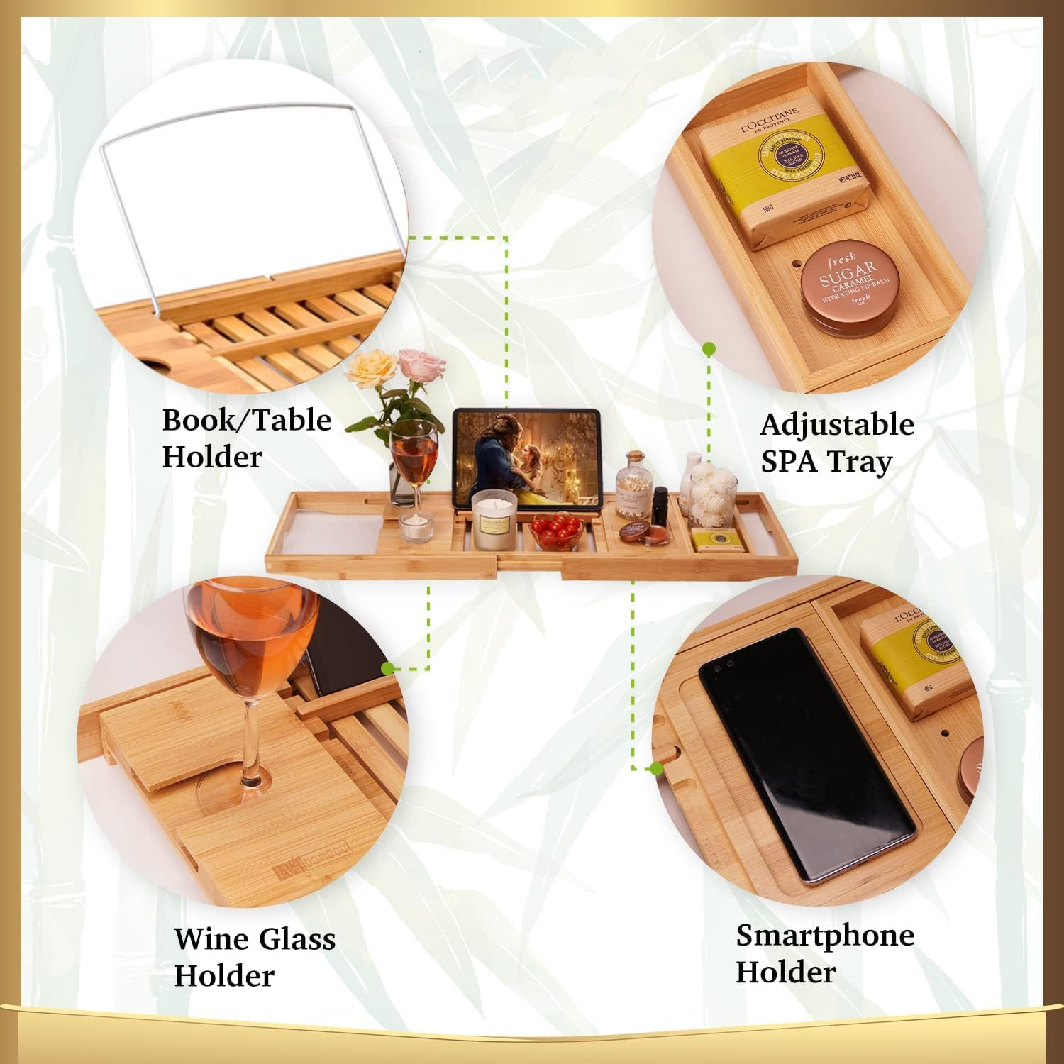 Bathtub Caddy Tray, 1 or 2 Person Bath and Bed Tray, Bath Tub Table Caddy with Extending Sides - for Tablet, Book, Phone, Wine Glass, Candles, and Soap image number 5