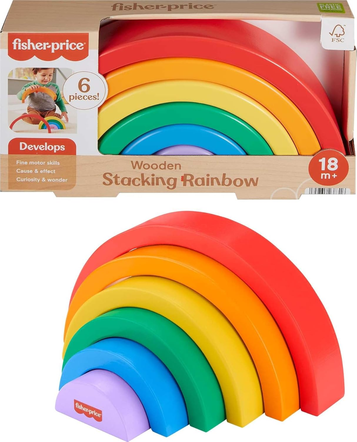 Fisher-Price Wood Toddler Toy Stacking Rainbow, 6 Colorful Wooden Pieces for Building Developmental Play Kids Ages 18+ Months image number 4